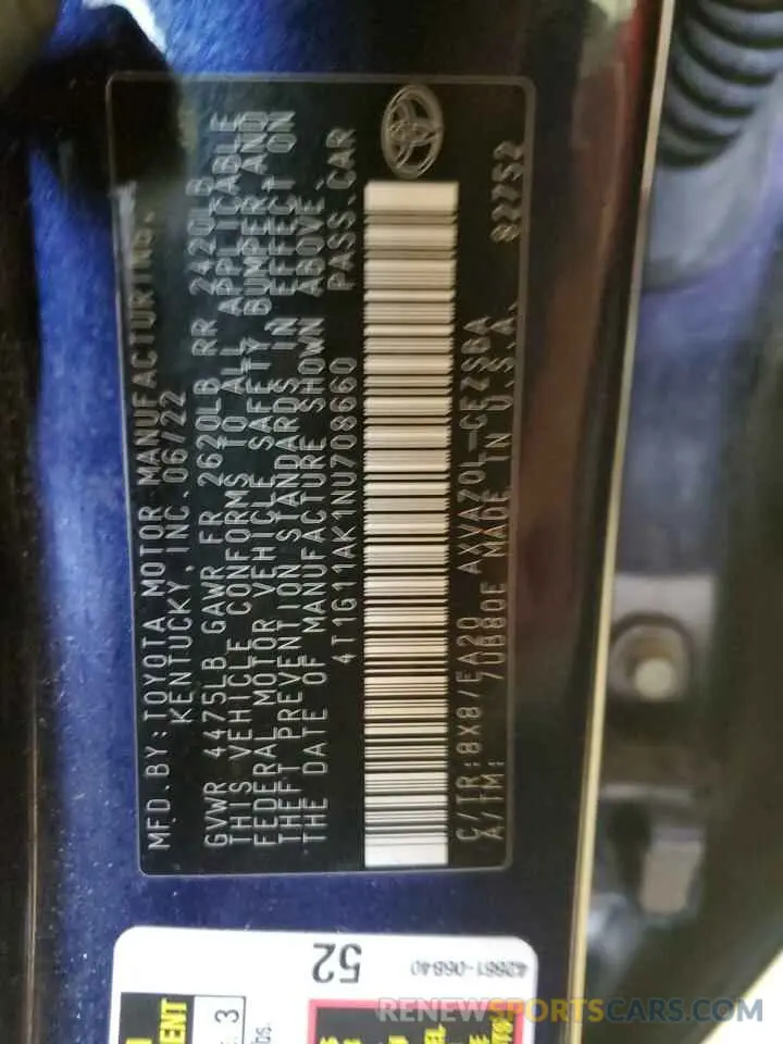 12 fotografías del automóvil dañado 4T1G11AK1NU708660 TOYOTA CAMRY 2022