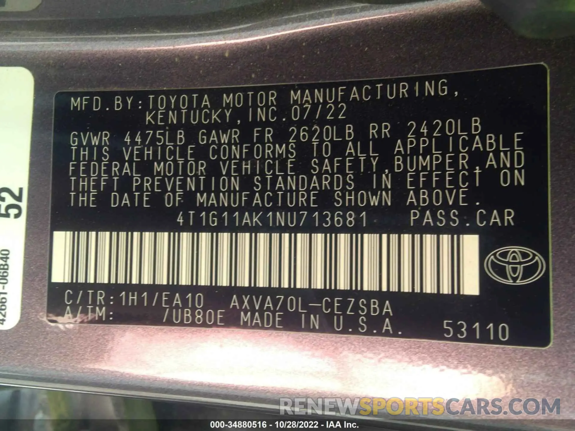 9 fotografías del automóvil dañado 4T1G11AK1NU713681 TOYOTA CAMRY 2022