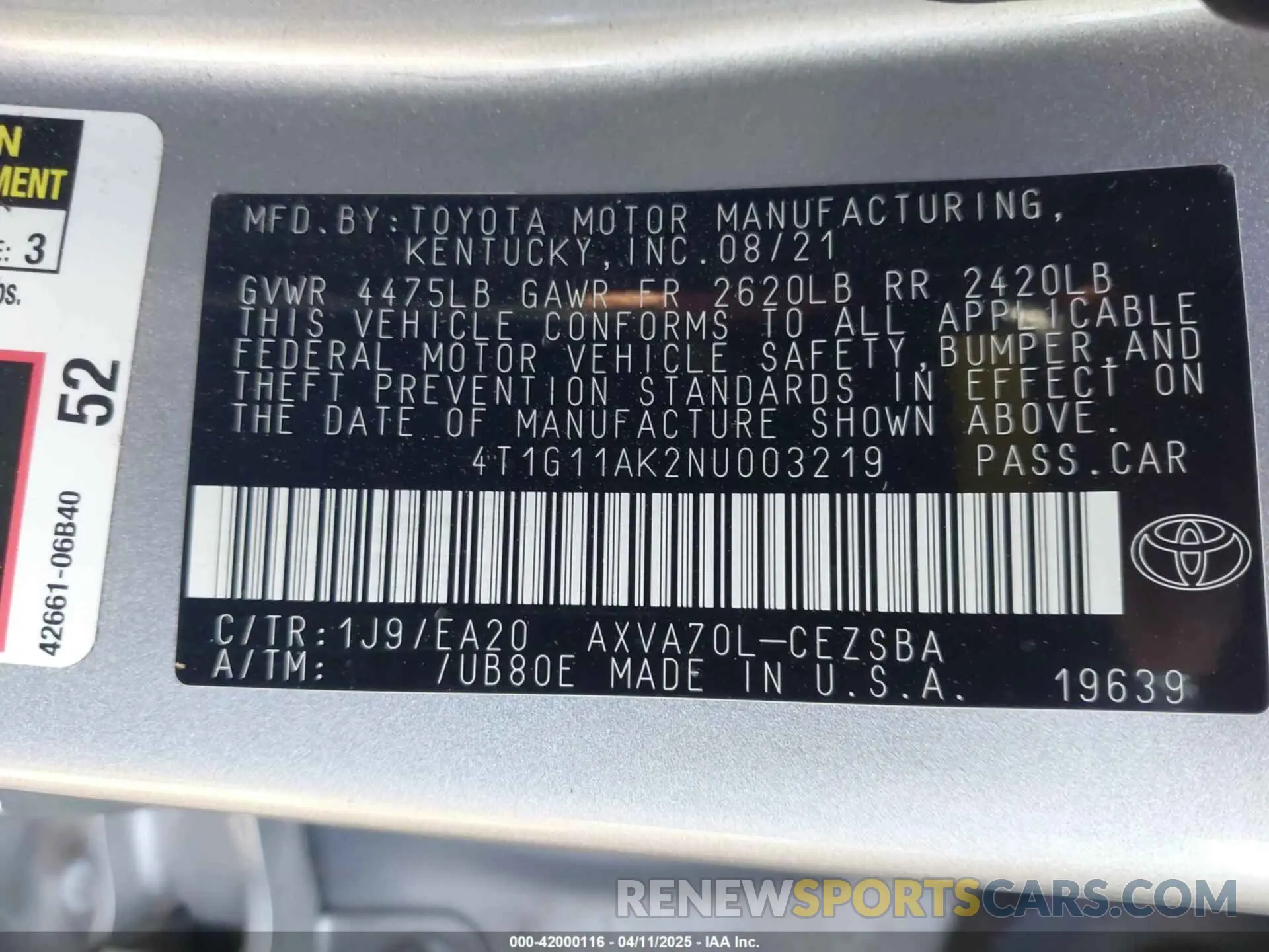 9 fotografías del automóvil dañado 4T1G11AK2NU003219 TOYOTA CAMRY 2022