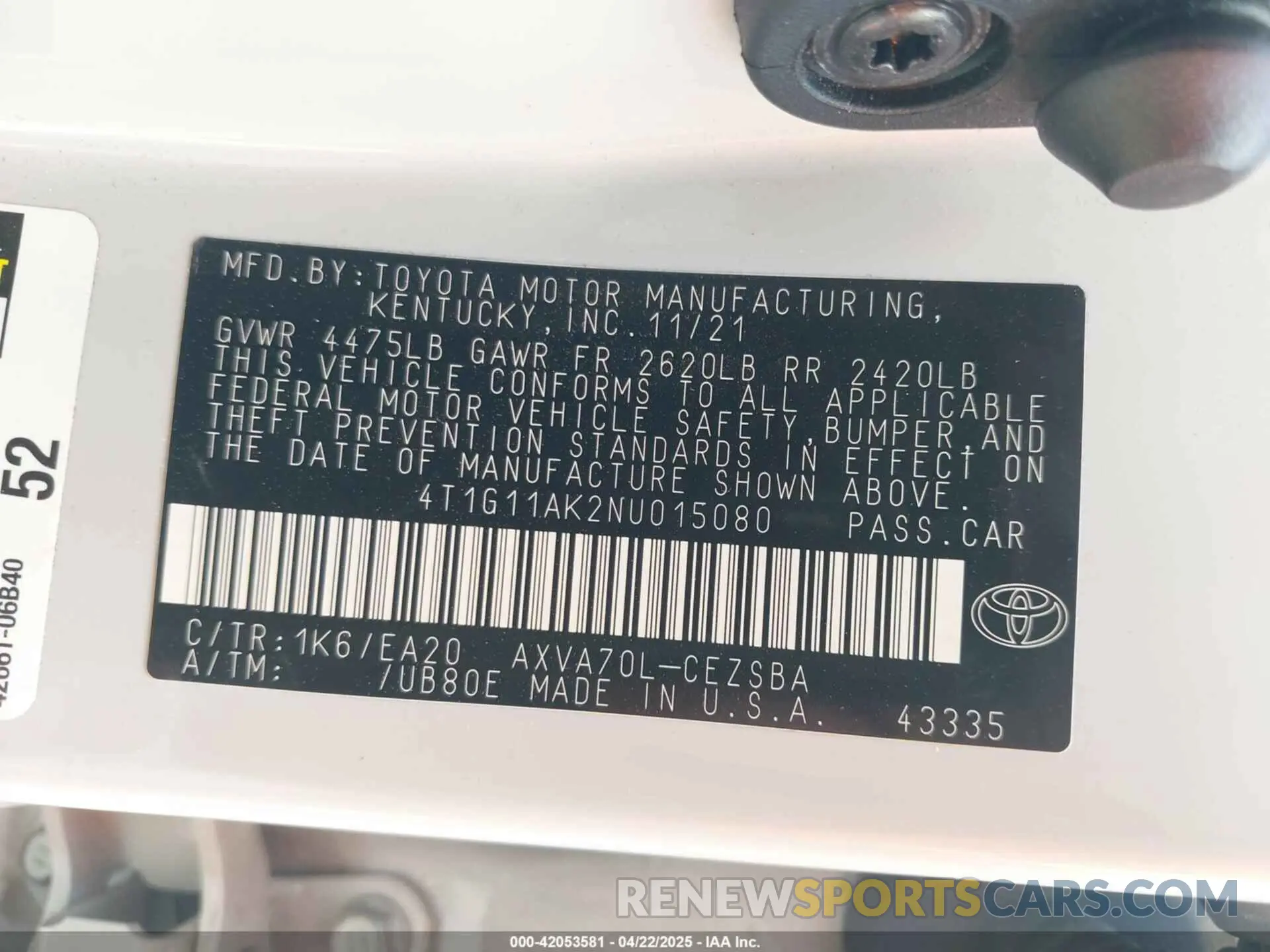 9 fotografías del automóvil dañado 4T1G11AK2NU015080 TOYOTA CAMRY 2022