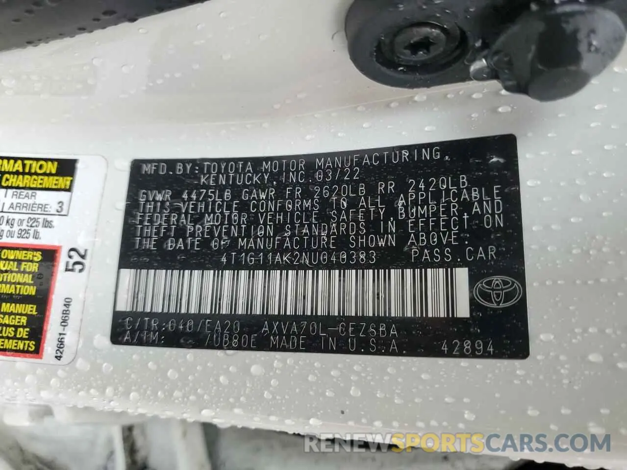 13 fotografías del automóvil dañado 4T1G11AK2NU040383 TOYOTA CAMRY 2022