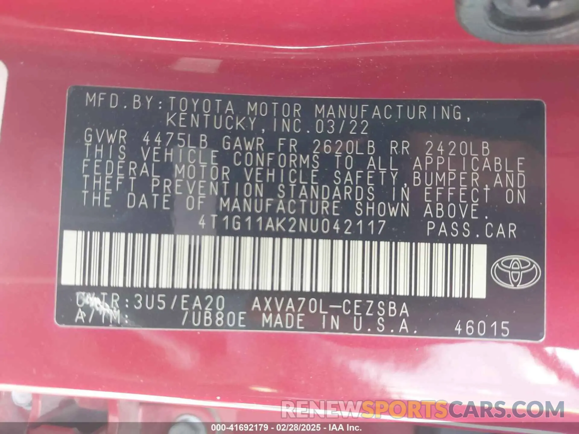 9 fotografías del automóvil dañado 4T1G11AK2NU042117 TOYOTA CAMRY 2022