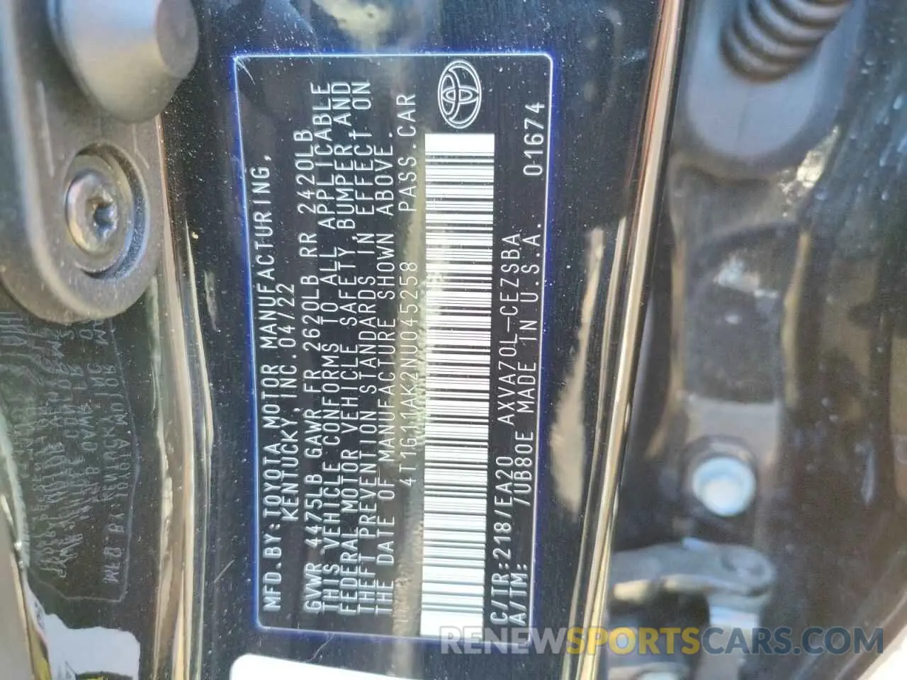 9 fotografías del automóvil dañado 4T1G11AK2NU045258 TOYOTA CAMRY 2022