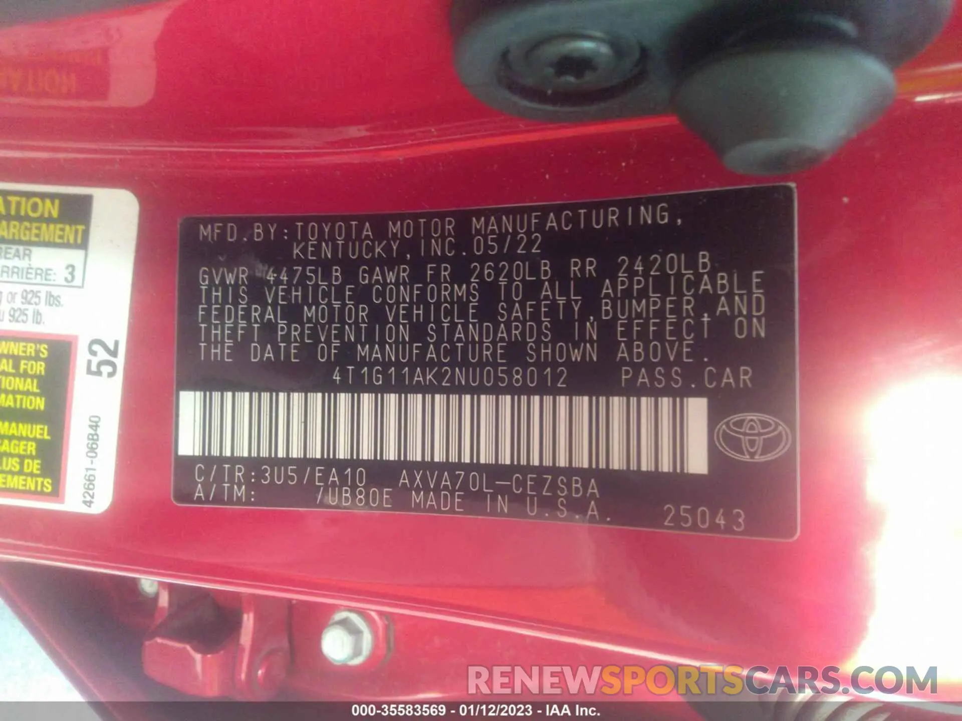 9 fotografías del automóvil dañado 4T1G11AK2NU058012 TOYOTA CAMRY 2022
