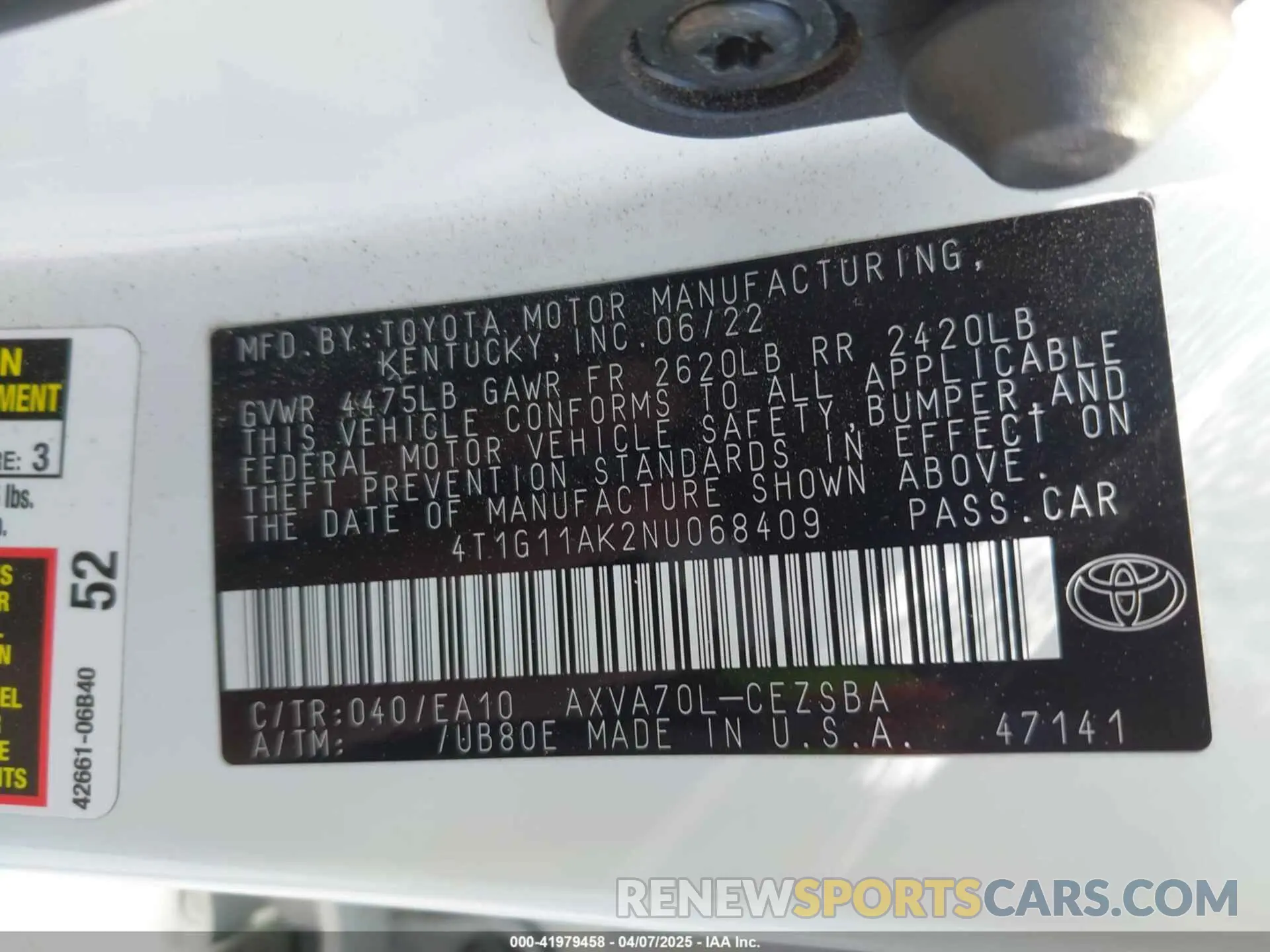 9 fotografías del automóvil dañado 4T1G11AK2NU068409 TOYOTA CAMRY 2022
