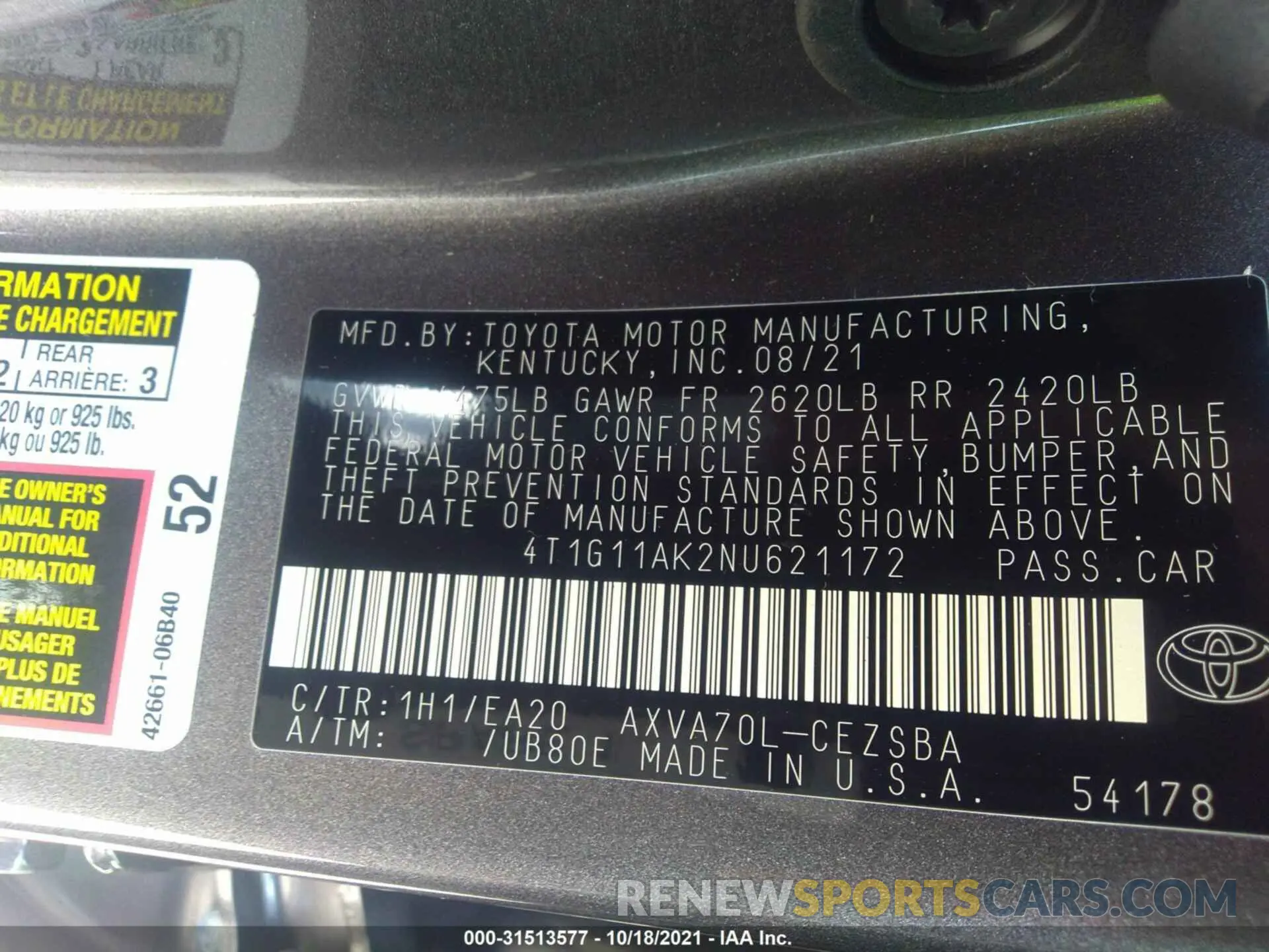 9 fotografías del automóvil dañado 4T1G11AK2NU621172 TOYOTA CAMRY 2022
