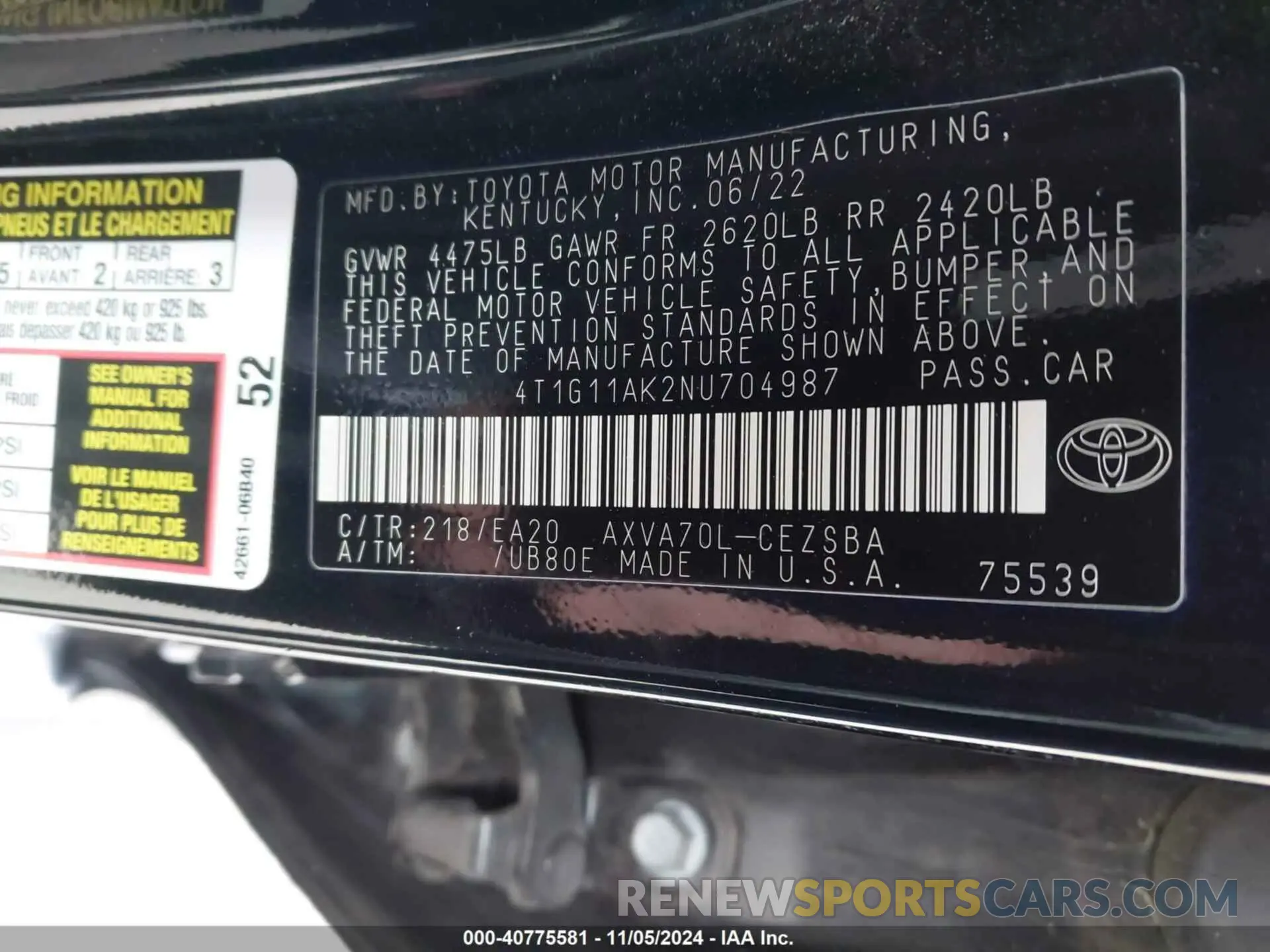 9 fotografías del automóvil dañado 4T1G11AK2NU704987 TOYOTA CAMRY 2022