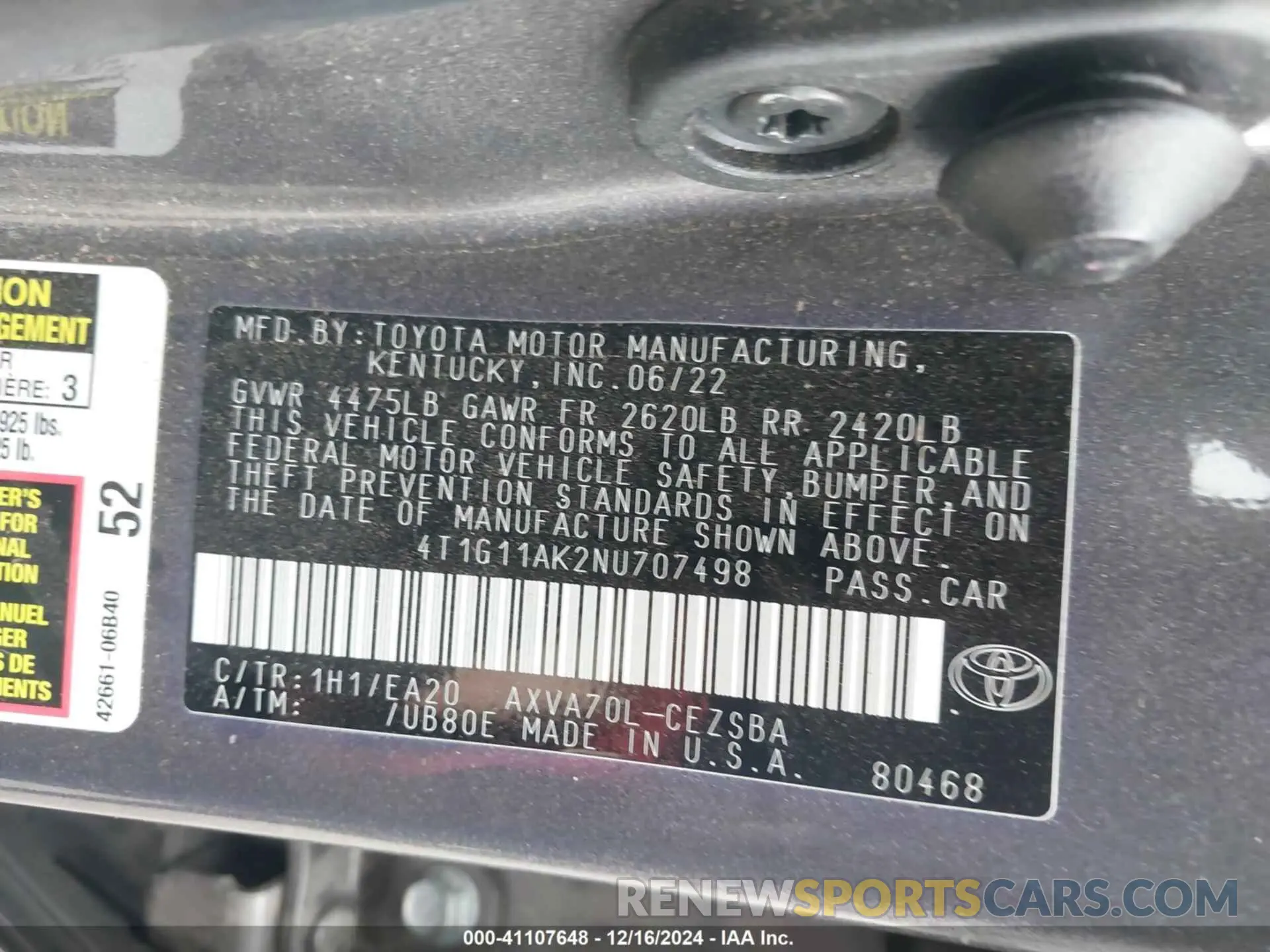 9 fotografías del automóvil dañado 4T1G11AK2NU707498 TOYOTA CAMRY 2022