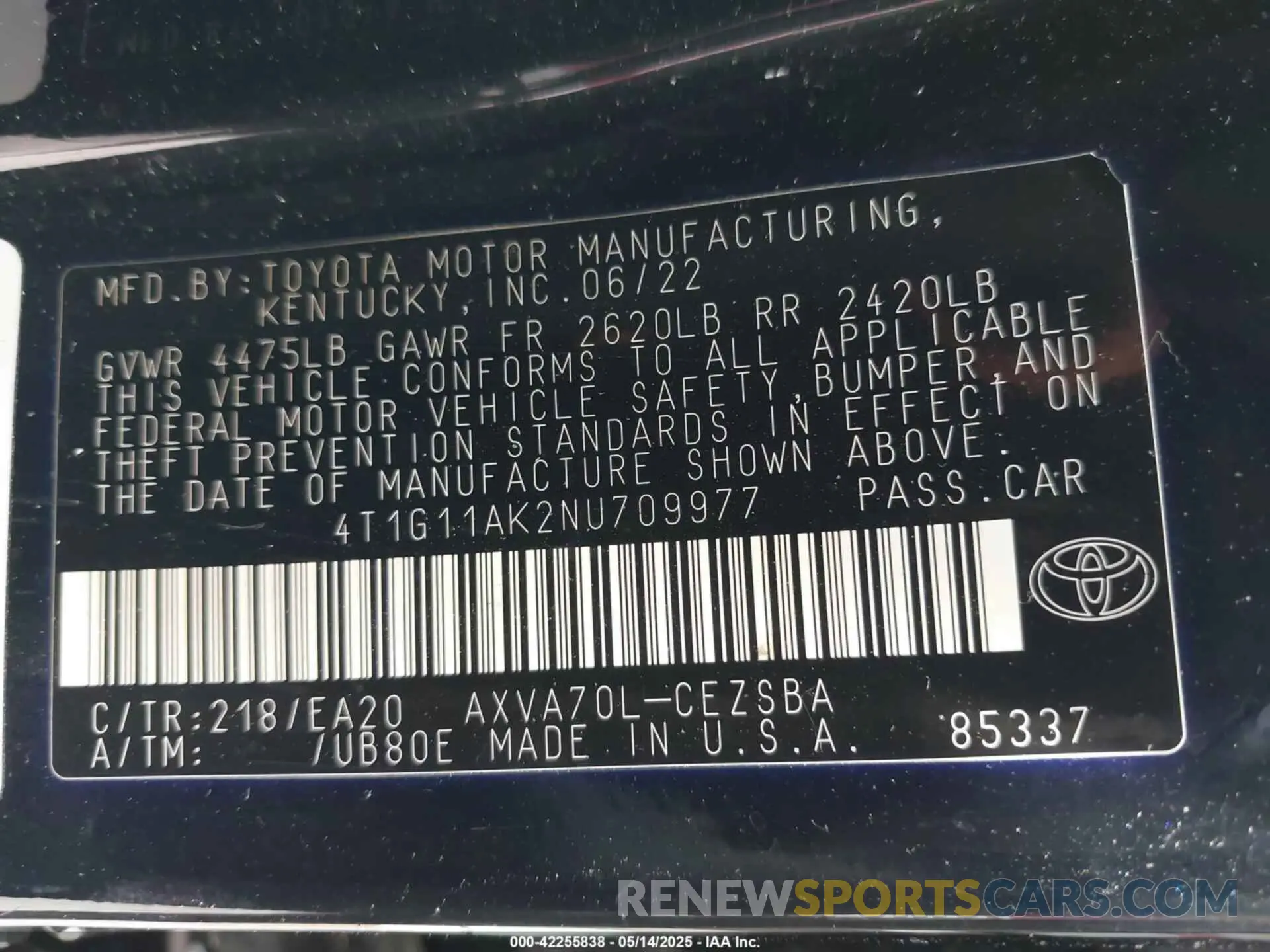 9 fotografías del automóvil dañado 4T1G11AK2NU709977 TOYOTA CAMRY 2022