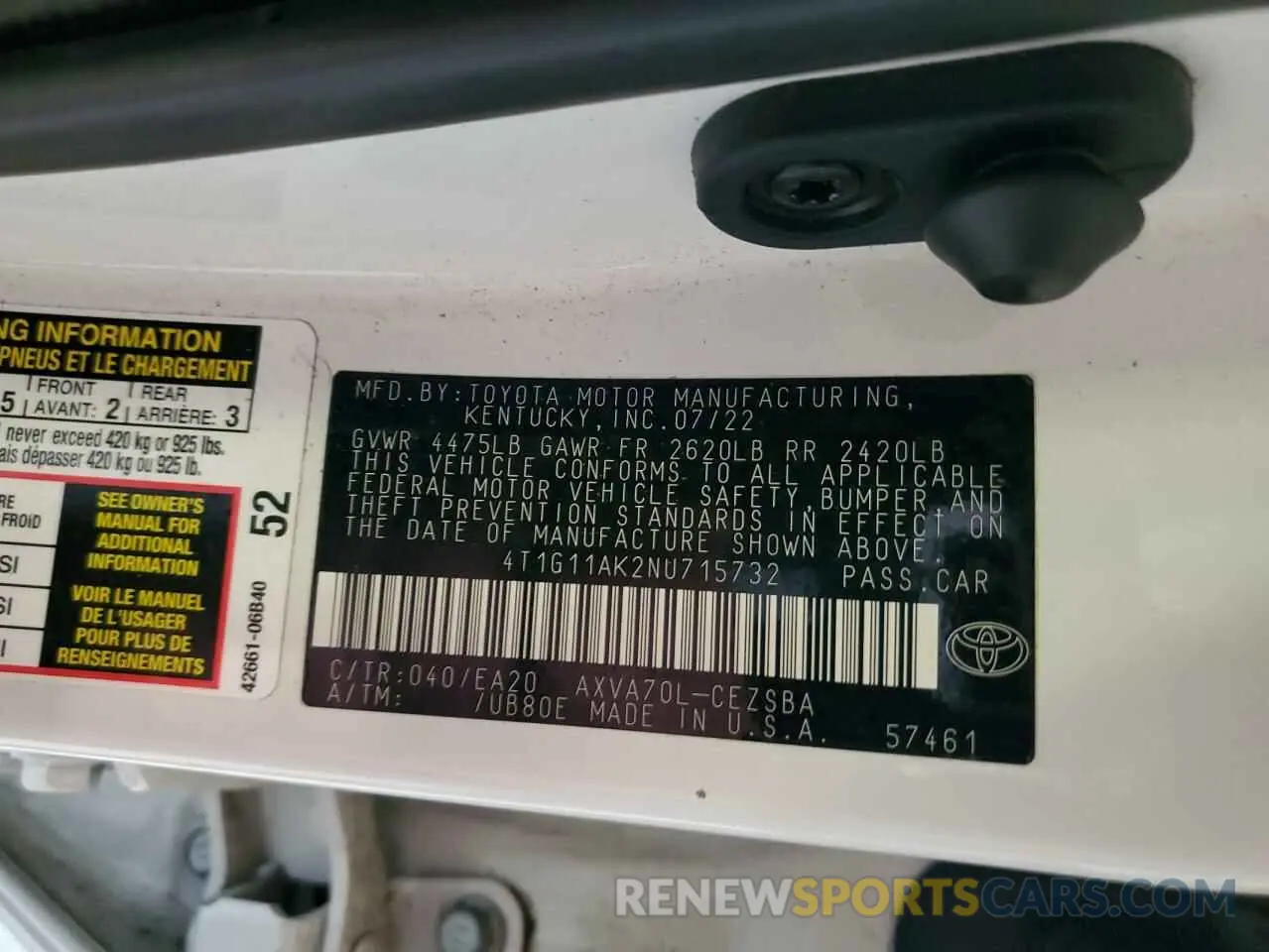 12 fotografías del automóvil dañado 4T1G11AK2NU715732 TOYOTA CAMRY 2022