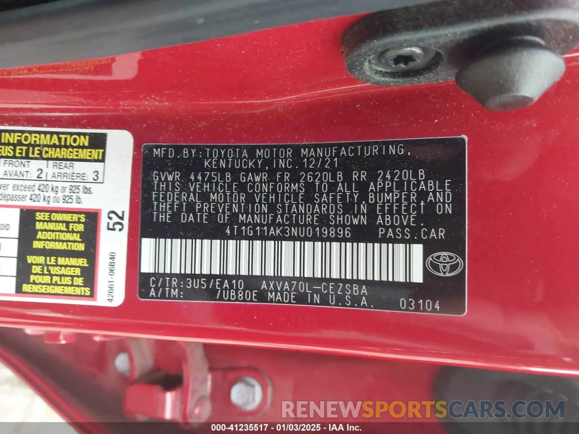 9 fotografías del automóvil dañado 4T1G11AK3NU019896 TOYOTA CAMRY 2022
