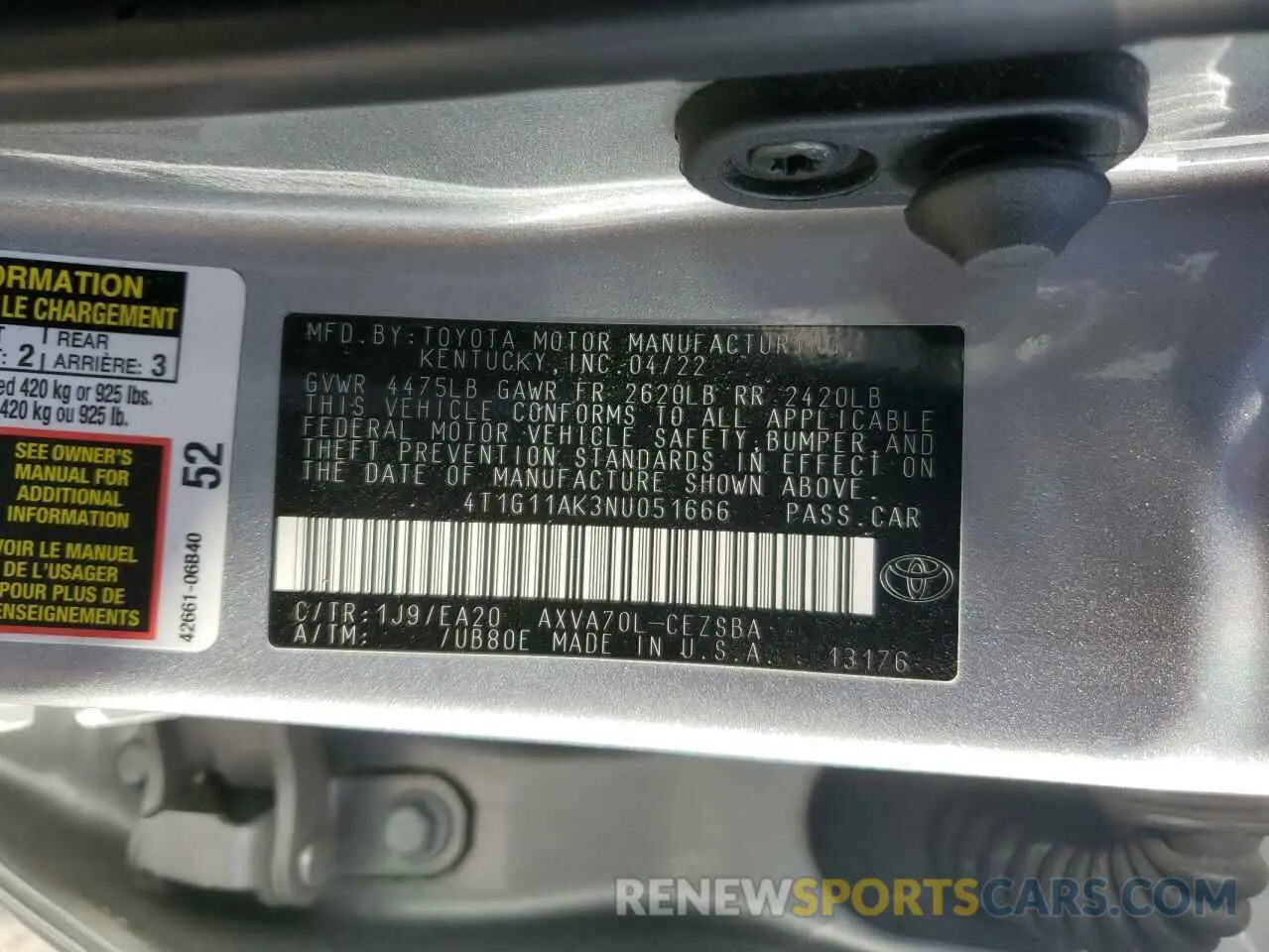 12 fotografías del automóvil dañado 4T1G11AK3NU051666 TOYOTA CAMRY 2022