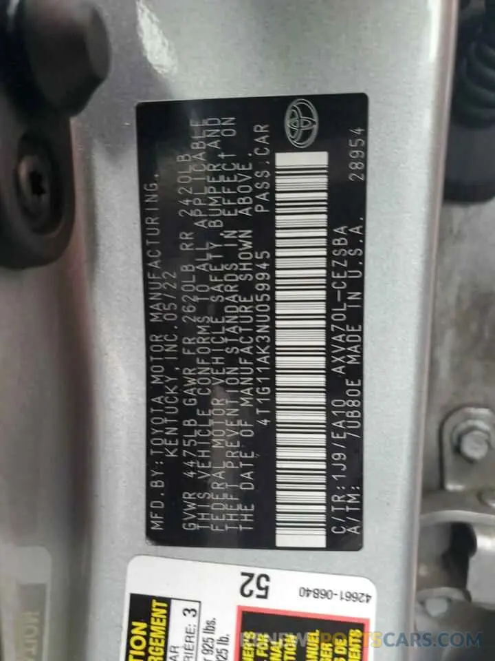 12 fotografías del automóvil dañado 4T1G11AK3NU059945 TOYOTA CAMRY 2022
