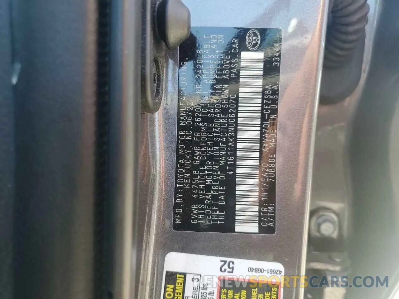 12 fotografías del automóvil dañado 4T1G11AK3NU062070 TOYOTA CAMRY 2022