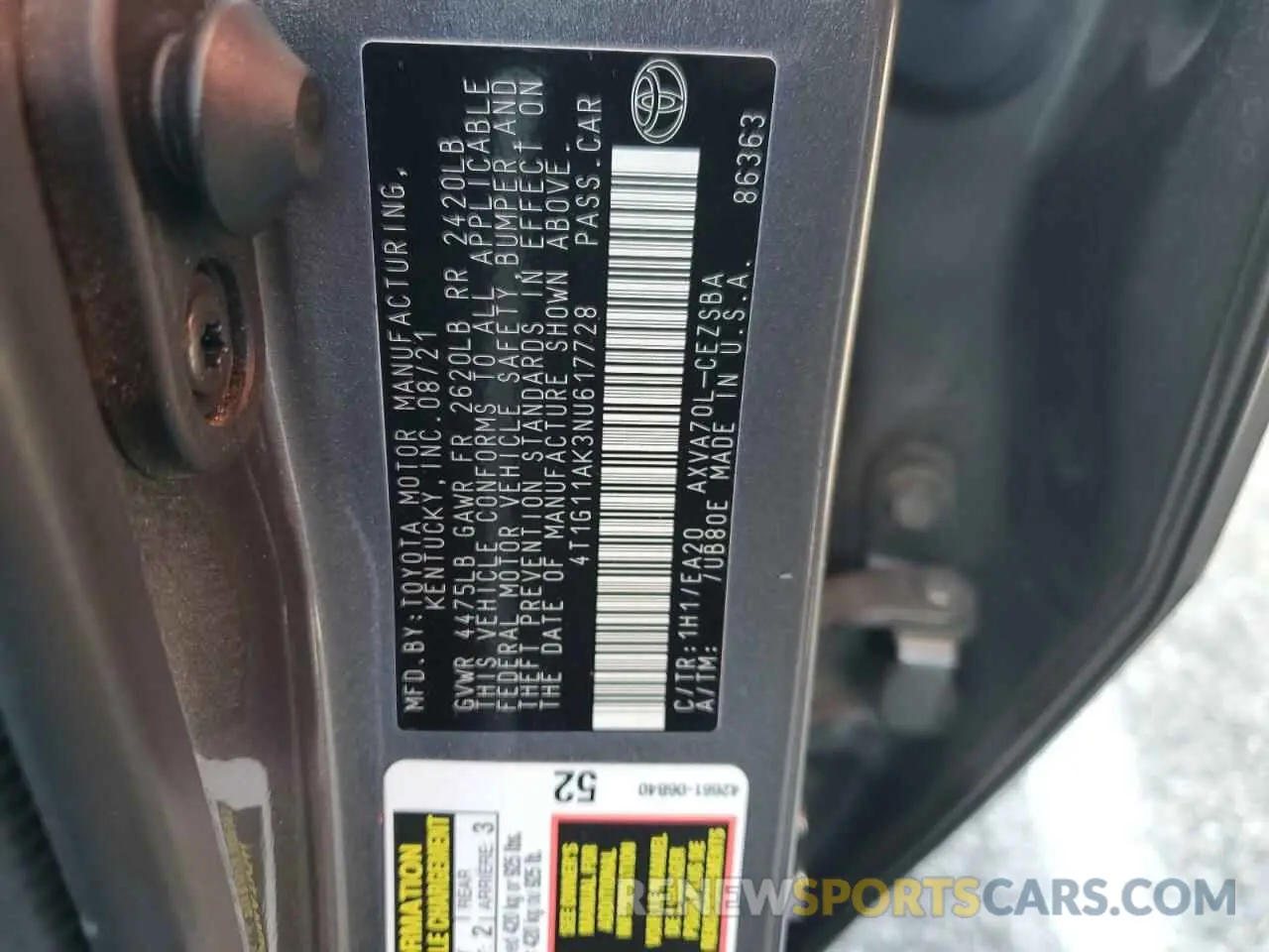 13 fotografías del automóvil dañado 4T1G11AK3NU617728 TOYOTA CAMRY 2022