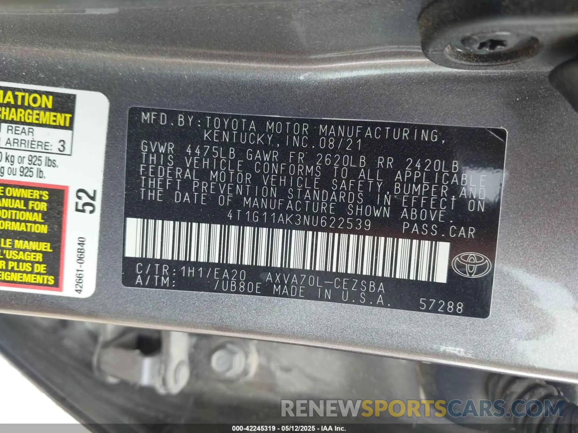 9 fotografías del automóvil dañado 4T1G11AK3NU622539 TOYOTA CAMRY 2022