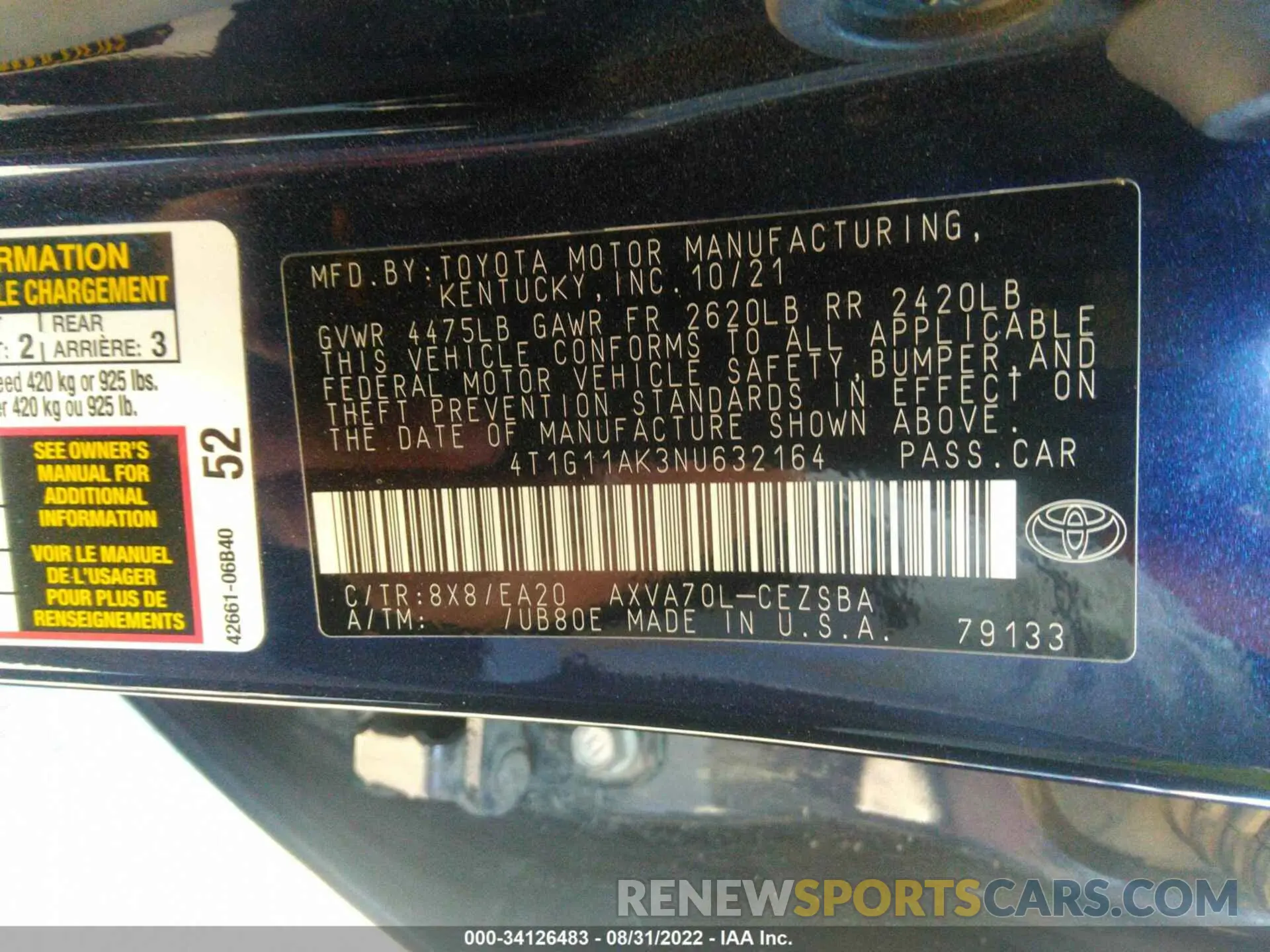 9 fotografías del automóvil dañado 4T1G11AK3NU632164 TOYOTA CAMRY 2022