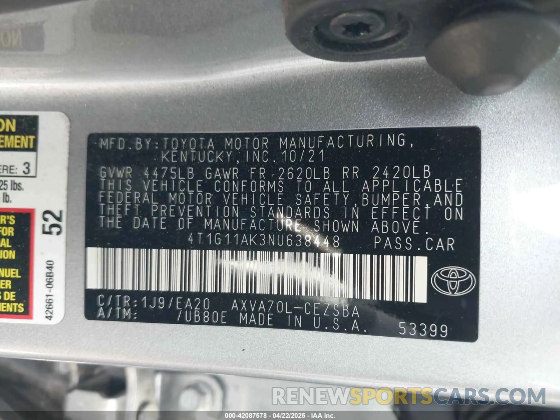9 fotografías del automóvil dañado 4T1G11AK3NU638448 TOYOTA CAMRY 2022