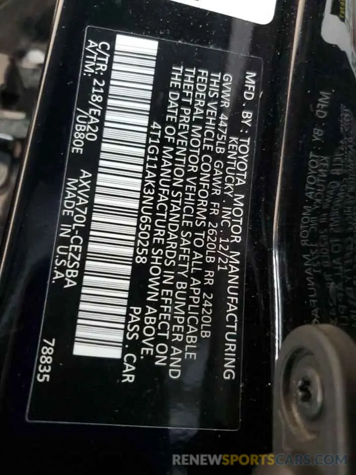 12 fotografías del automóvil dañado 4T1G11AK3NU650258 TOYOTA CAMRY 2022