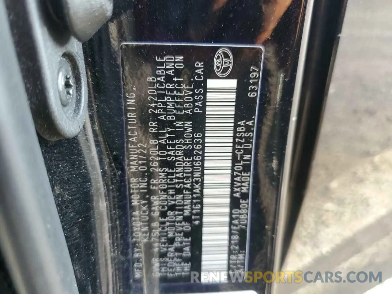 13 fotografías del automóvil dañado 4T1G11AK3NU662636 TOYOTA CAMRY 2022