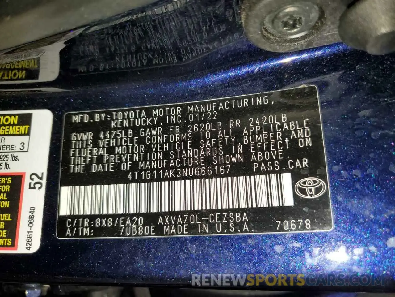 12 fotografías del automóvil dañado 4T1G11AK3NU666167 TOYOTA CAMRY 2022