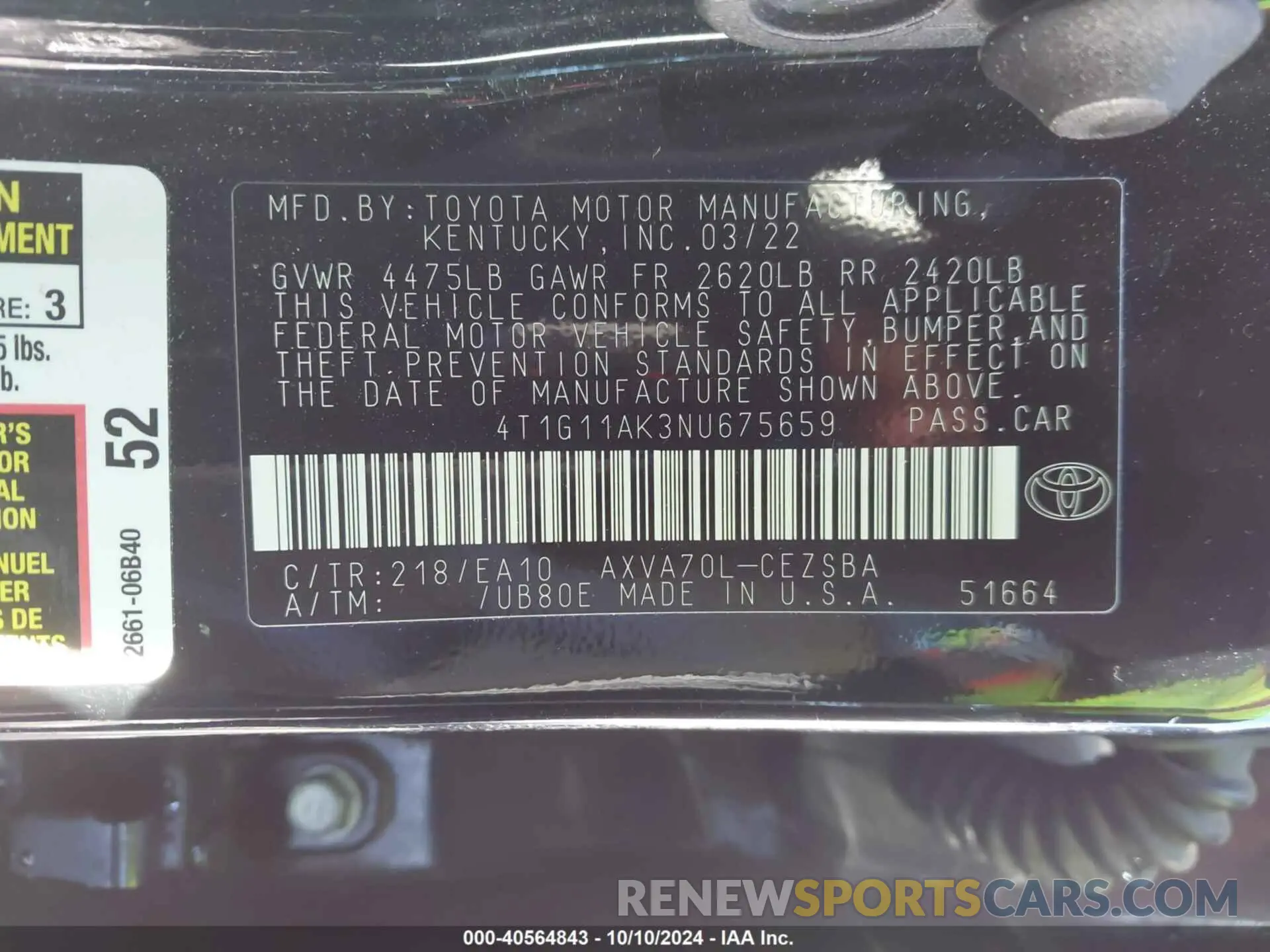 9 fotografías del automóvil dañado 4T1G11AK3NU675659 TOYOTA CAMRY 2022