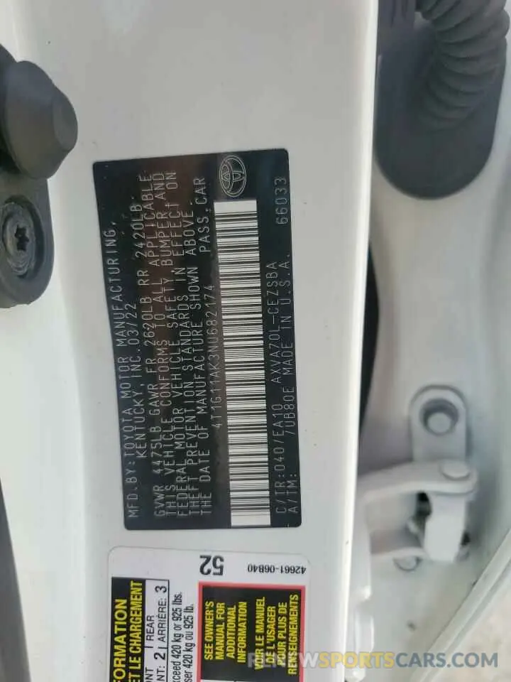 12 fotografías del automóvil dañado 4T1G11AK3NU682174 TOYOTA CAMRY 2022