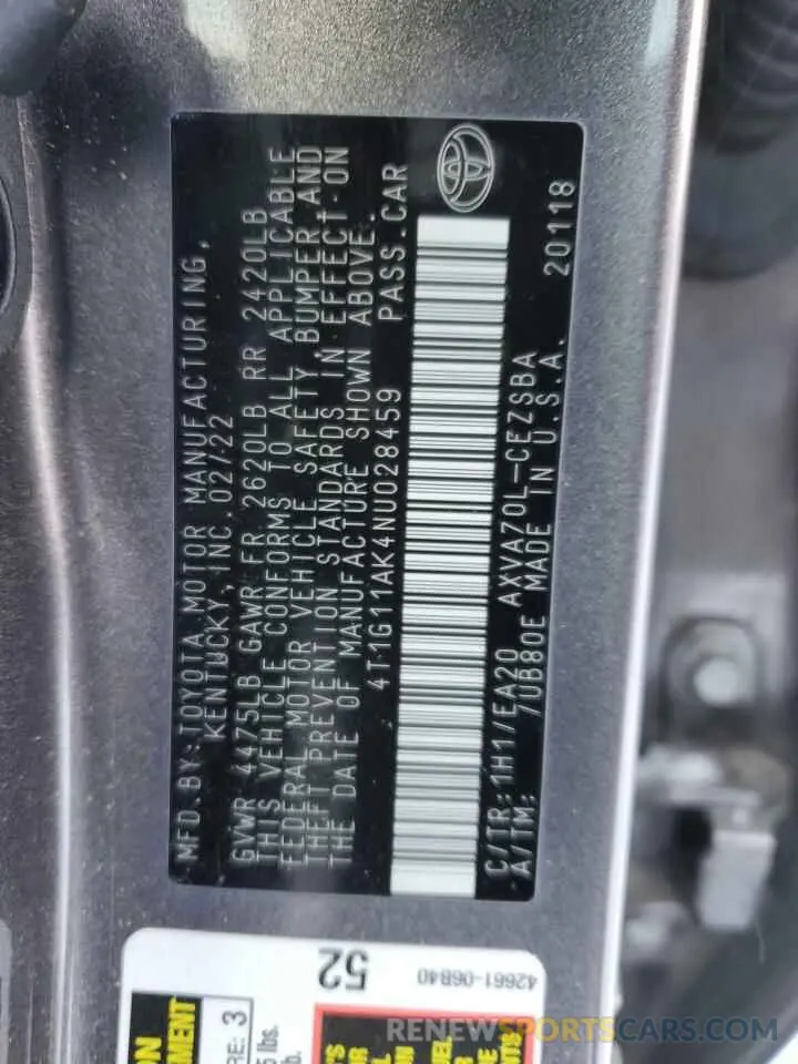 13 fotografías del automóvil dañado 4T1G11AK4NU028459 TOYOTA CAMRY 2022