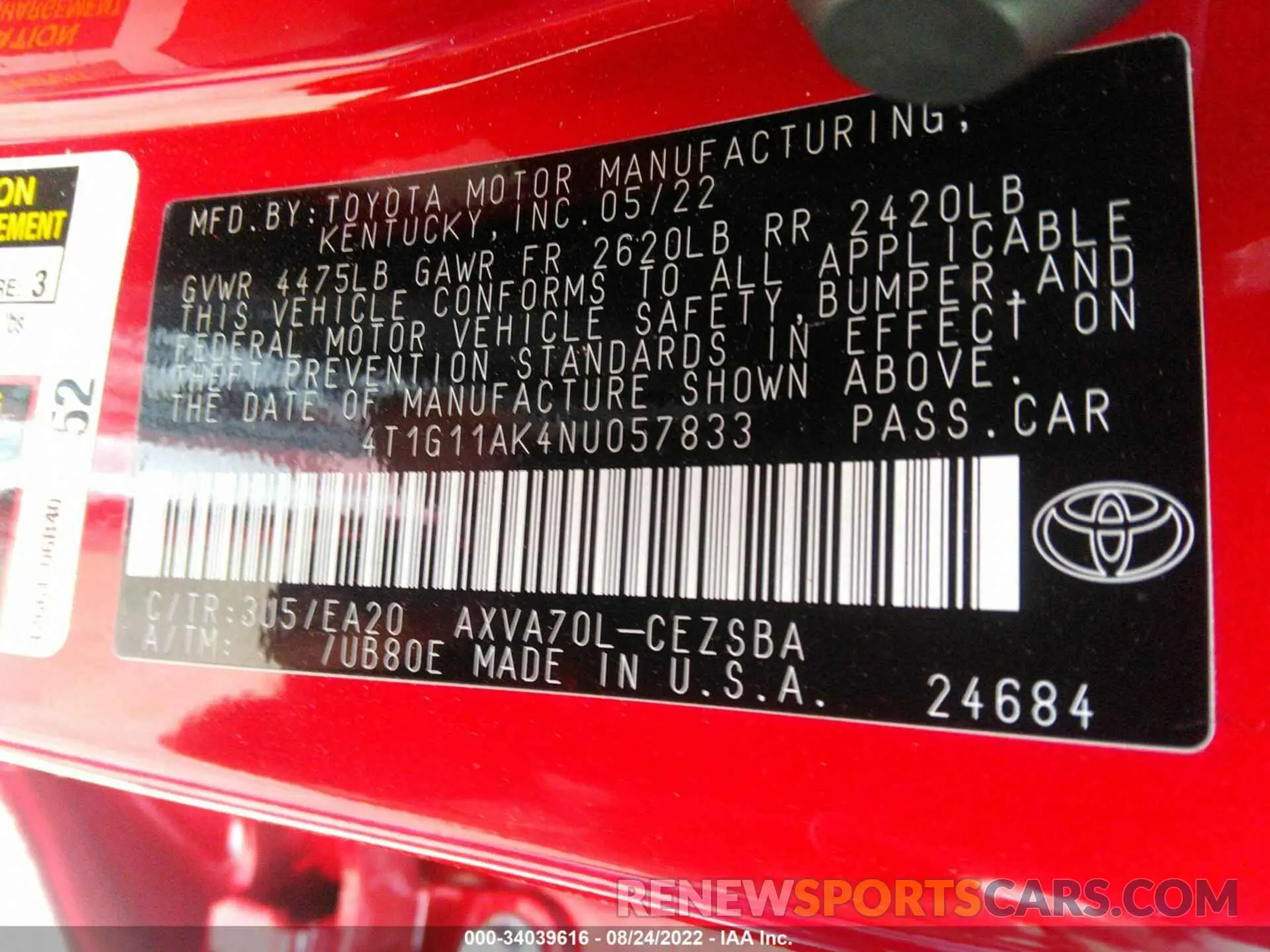 9 fotografías del automóvil dañado 4T1G11AK4NU057833 TOYOTA CAMRY 2022