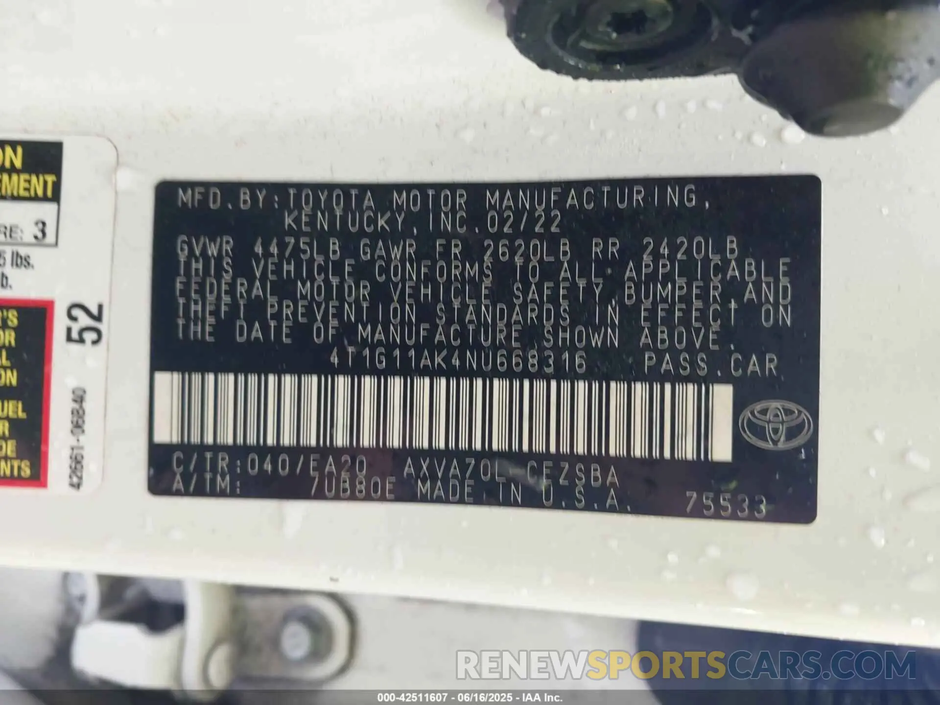 9 fotografías del automóvil dañado 4T1G11AK4NU668316 TOYOTA CAMRY 2022