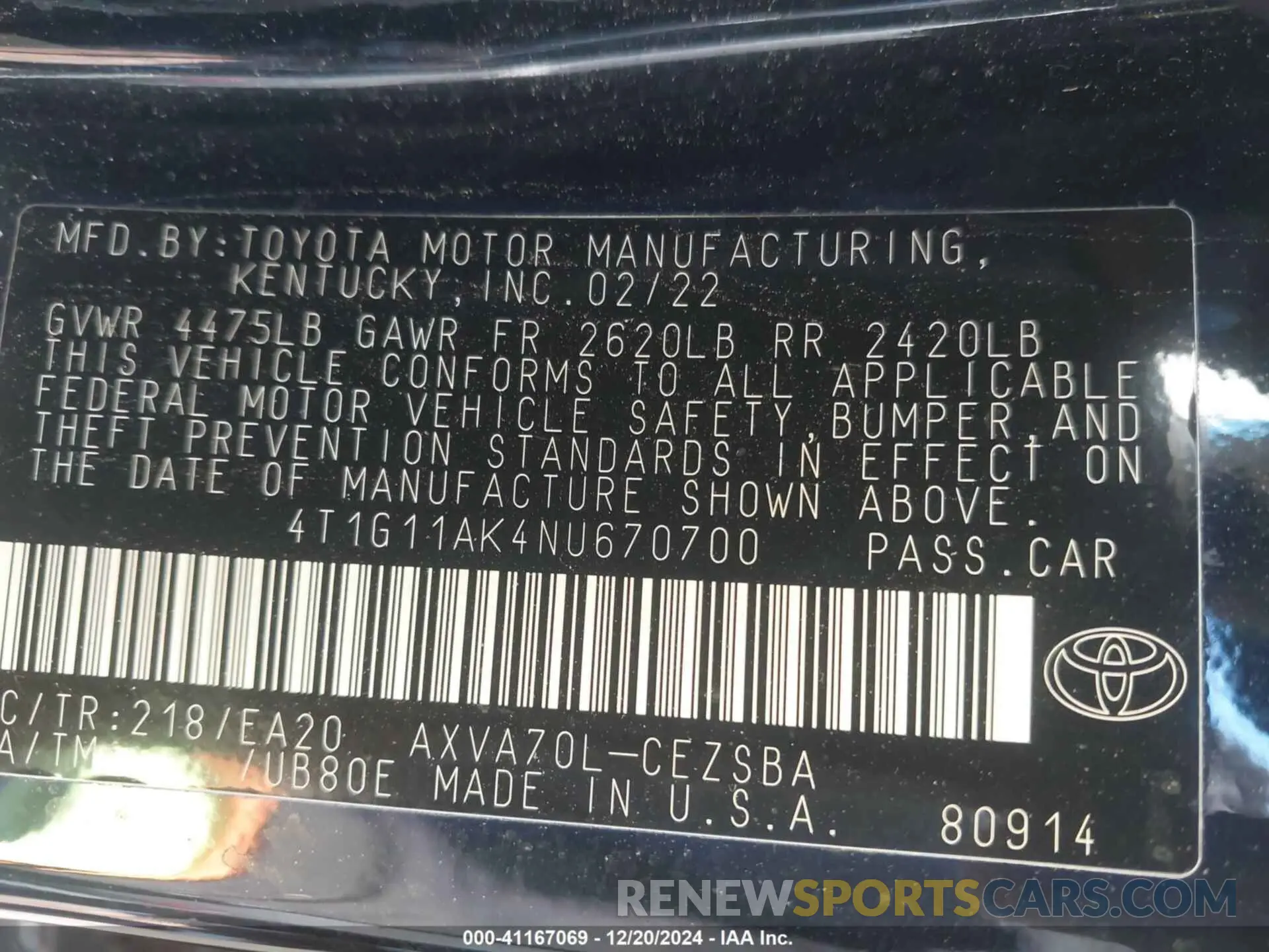 9 fotografías del automóvil dañado 4T1G11AK4NU670700 TOYOTA CAMRY 2022