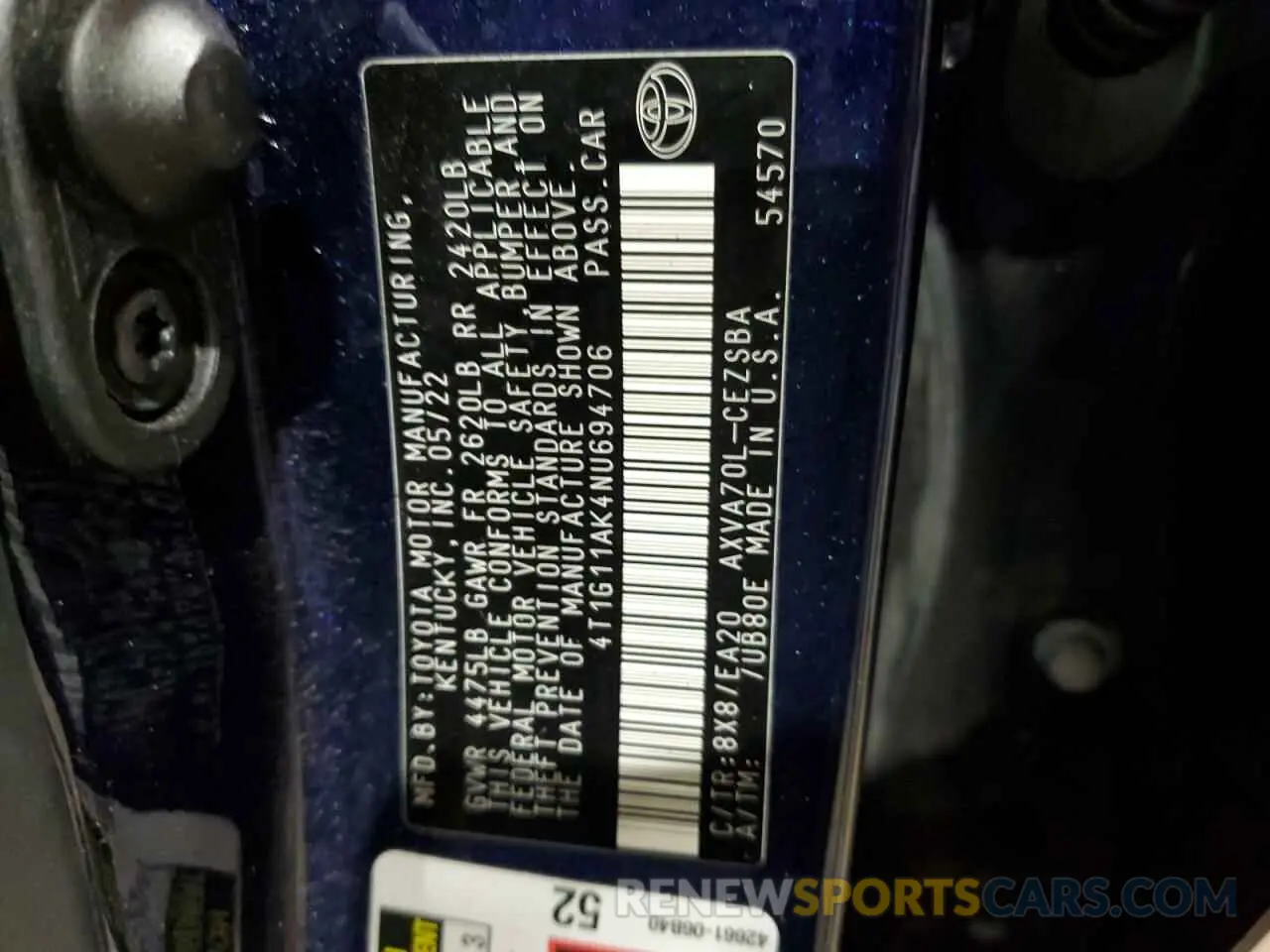 12 fotografías del automóvil dañado 4T1G11AK4NU694706 TOYOTA CAMRY 2022