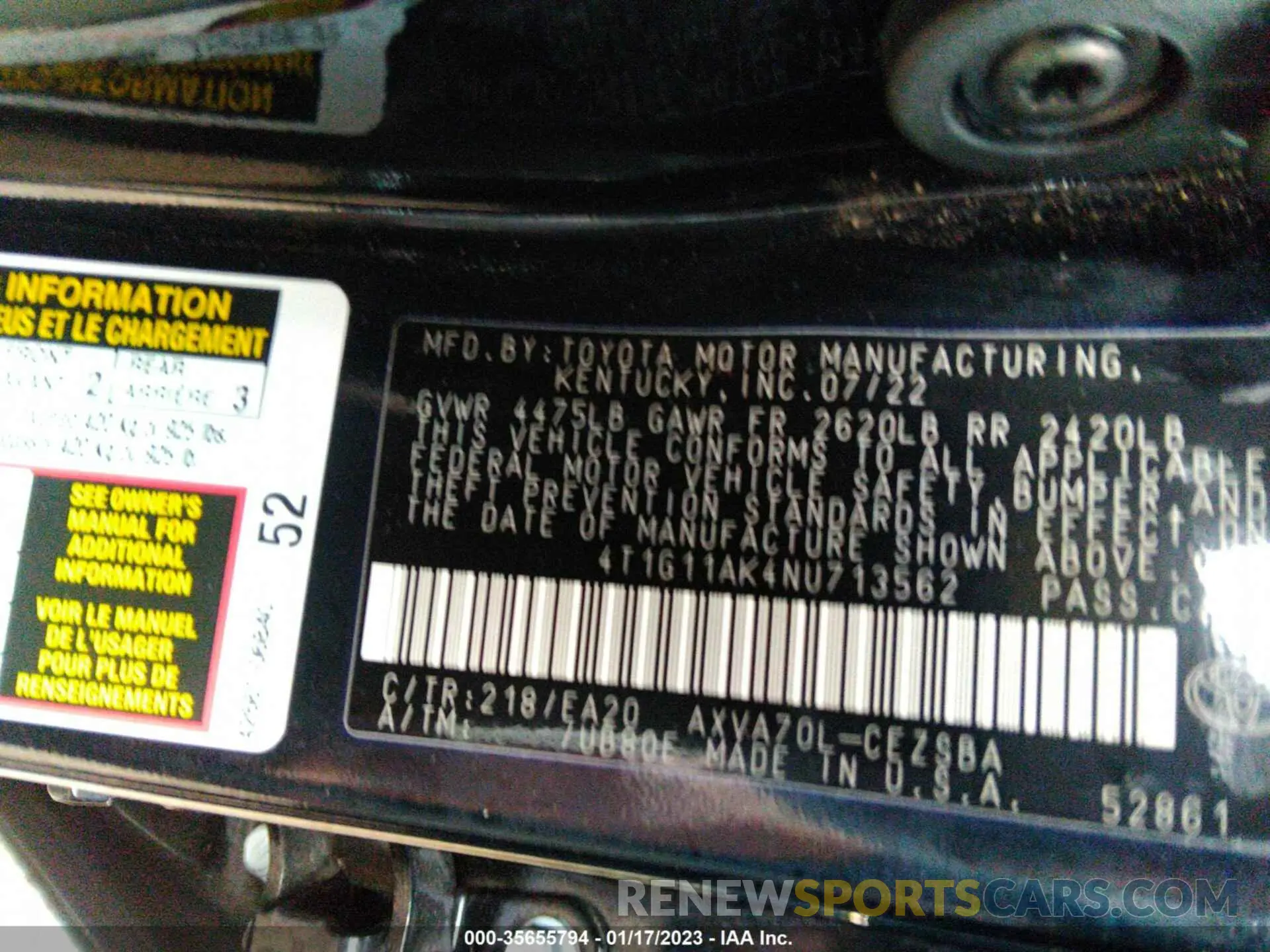 9 fotografías del automóvil dañado 4T1G11AK4NU713562 TOYOTA CAMRY 2022