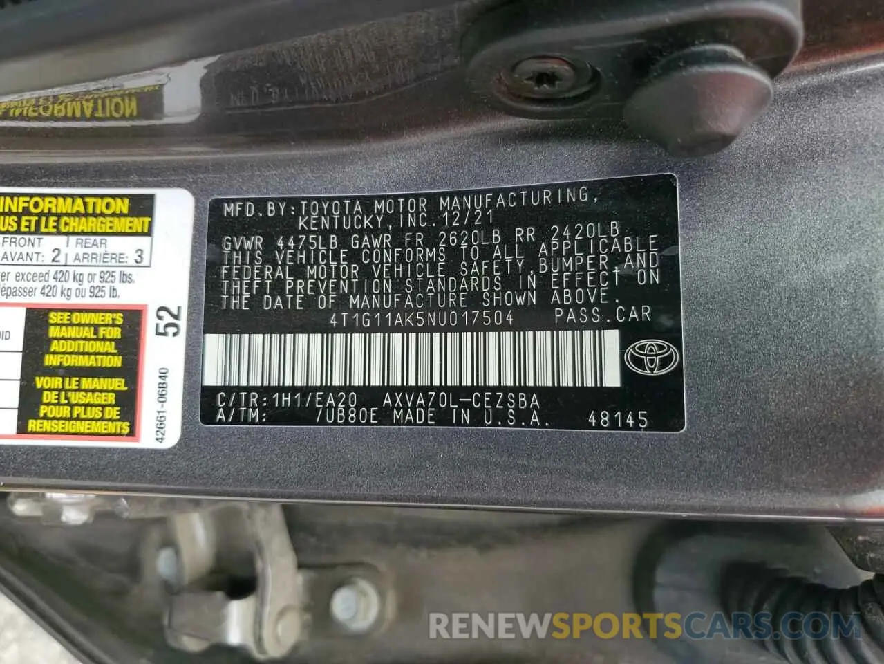 12 fotografías del automóvil dañado 4T1G11AK5NU017504 TOYOTA CAMRY 2022
