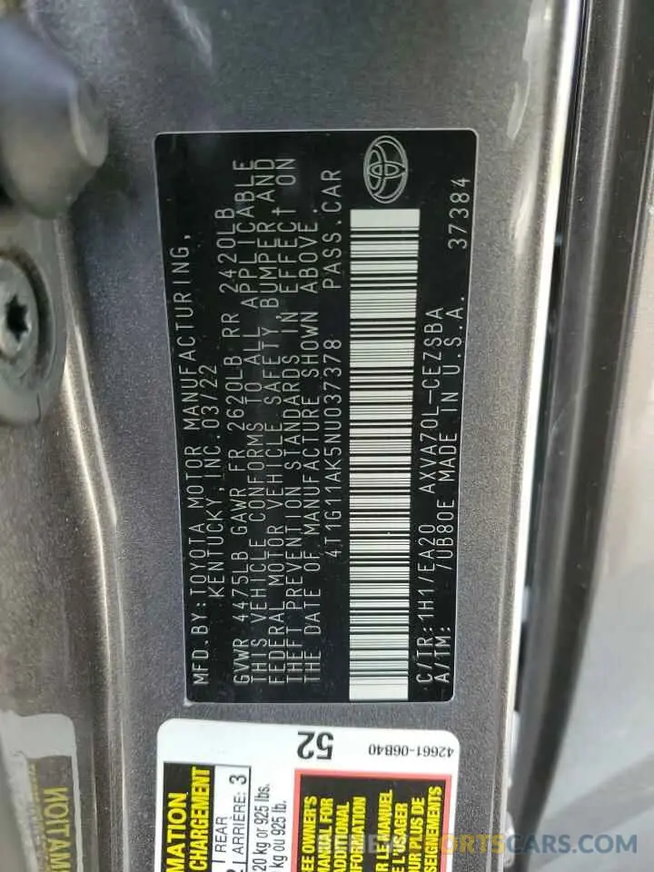 12 fotografías del automóvil dañado 4T1G11AK5NU037378 TOYOTA CAMRY 2022
