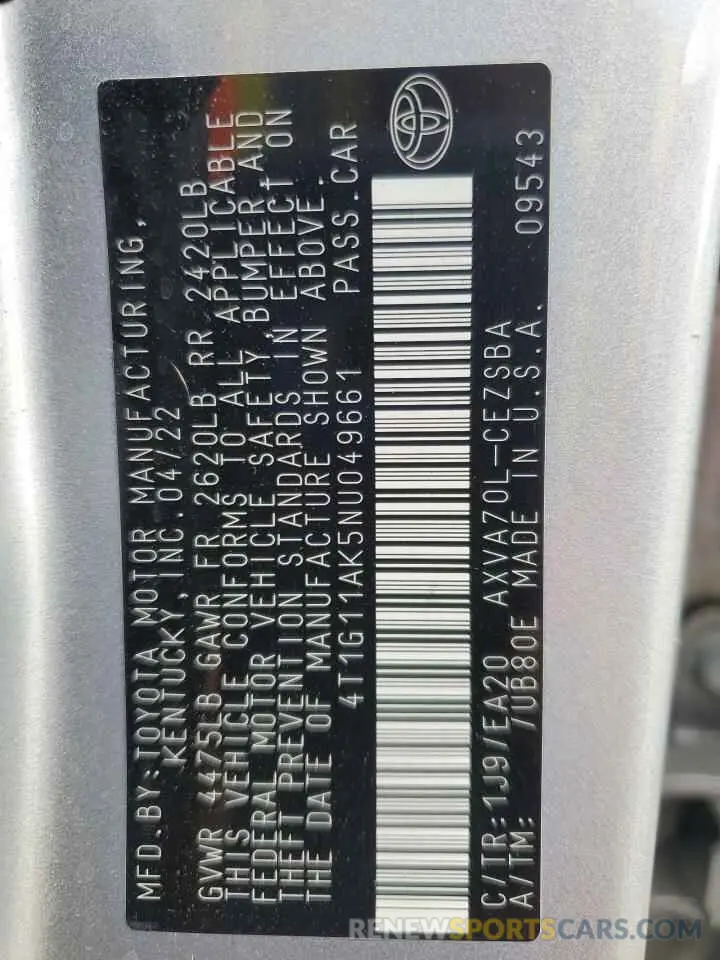 12 fotografías del automóvil dañado 4T1G11AK5NU049661 TOYOTA CAMRY 2022