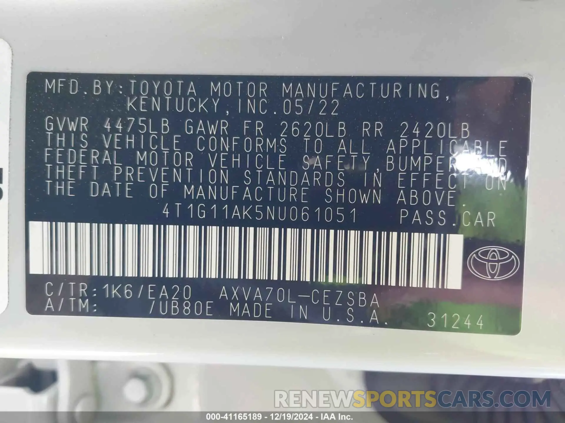 9 fotografías del automóvil dañado 4T1G11AK5NU061051 TOYOTA CAMRY 2022