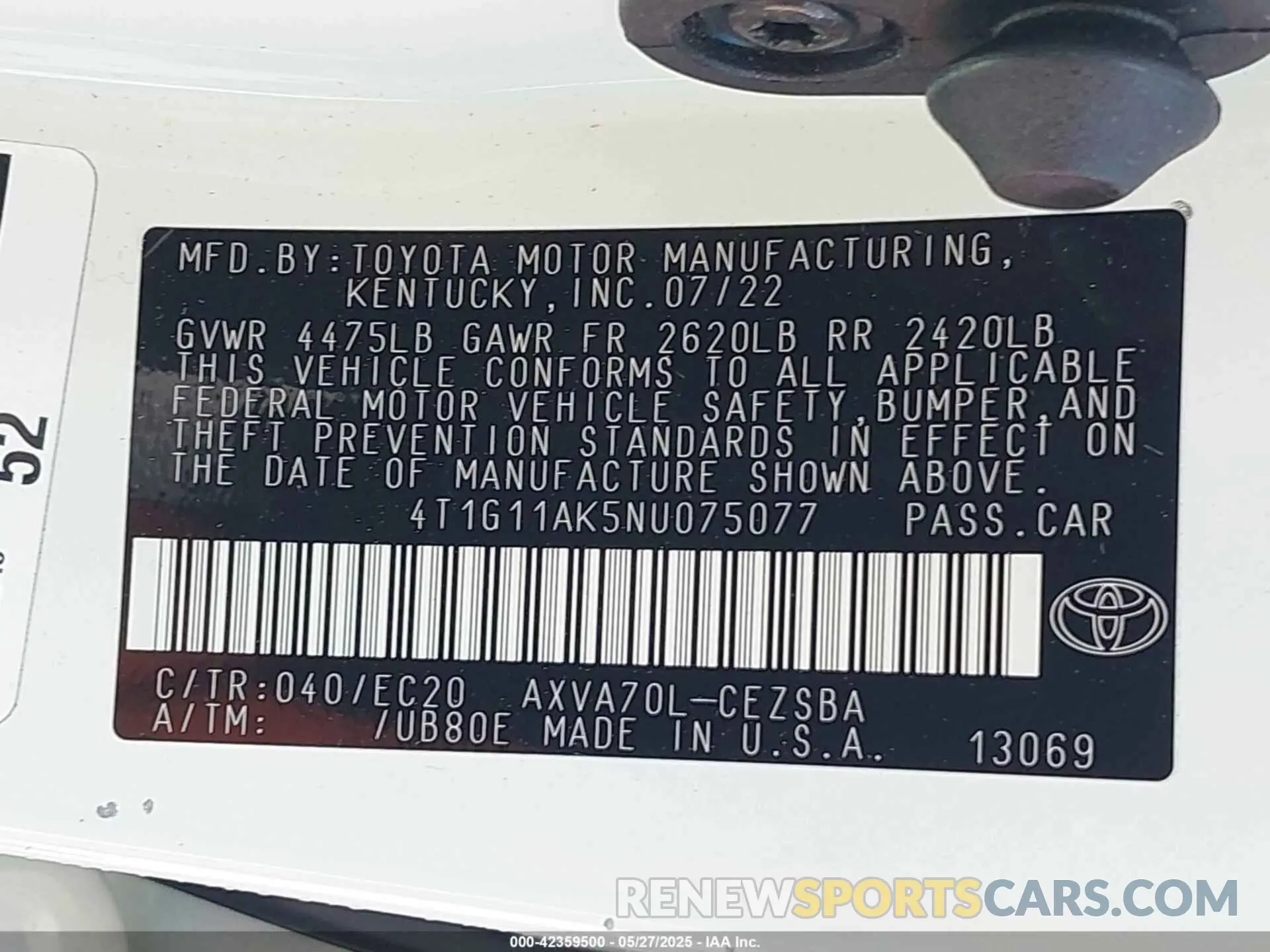 9 fotografías del automóvil dañado 4T1G11AK5NU075077 TOYOTA CAMRY 2022