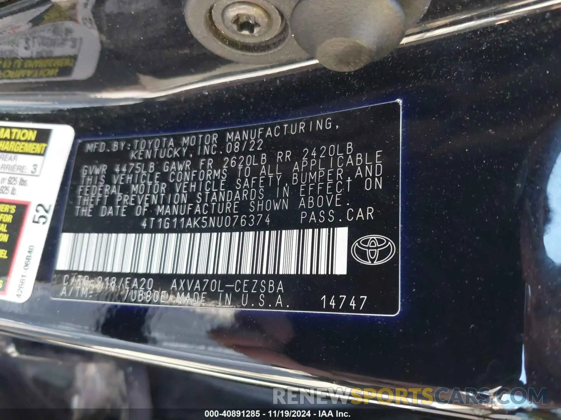 9 fotografías del automóvil dañado 4T1G11AK5NU076374 TOYOTA CAMRY 2022
