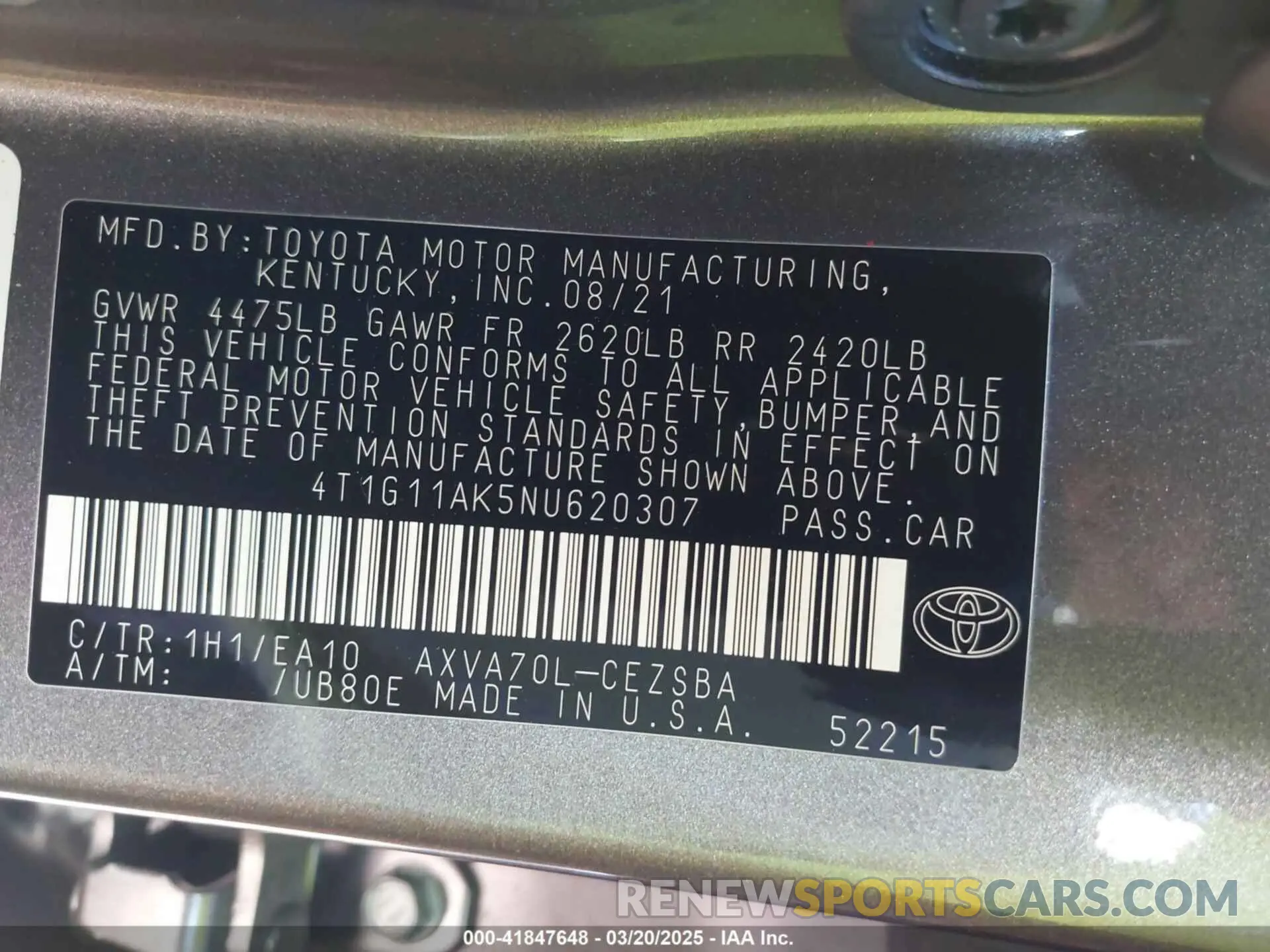9 fotografías del automóvil dañado 4T1G11AK5NU620307 TOYOTA CAMRY 2022