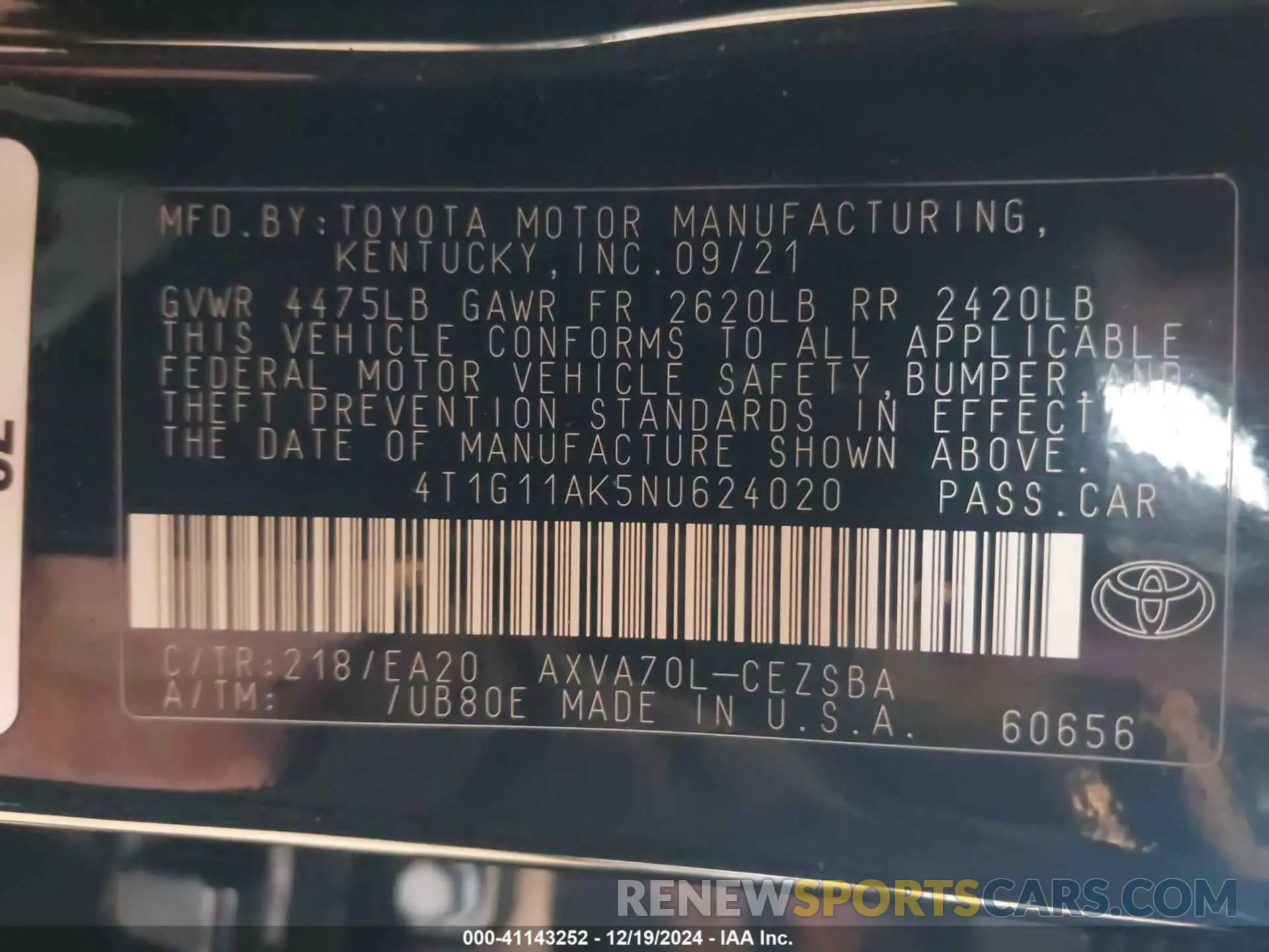 9 fotografías del automóvil dañado 4T1G11AK5NU624020 TOYOTA CAMRY 2022
