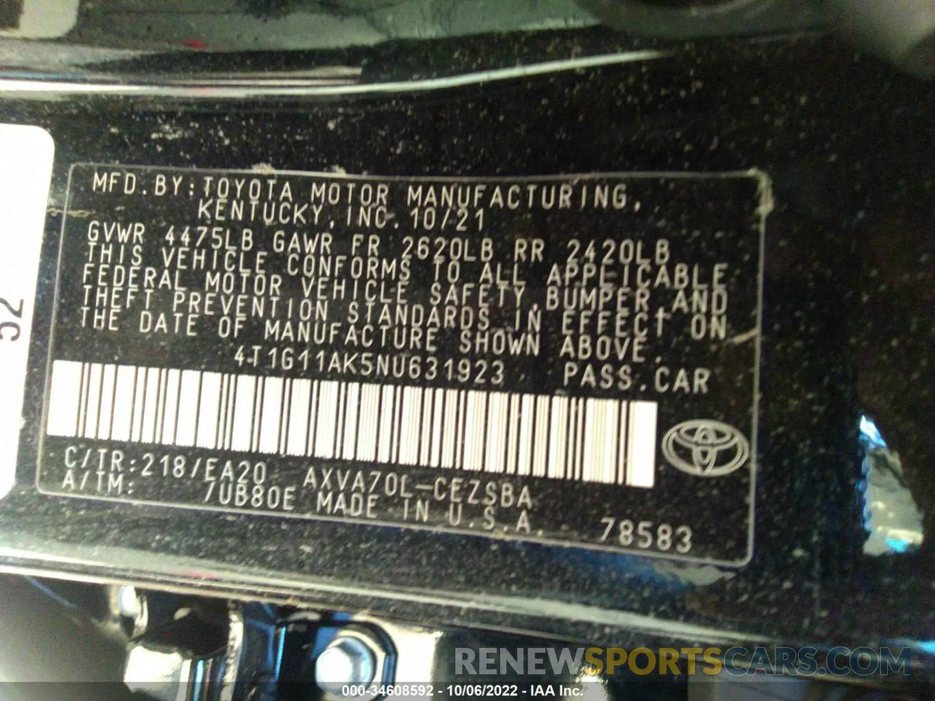9 fotografías del automóvil dañado 4T1G11AK5NU631923 TOYOTA CAMRY 2022