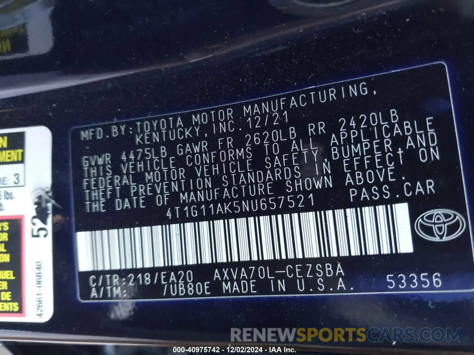 9 fotografías del automóvil dañado 4T1G11AK5NU657521 TOYOTA CAMRY 2022