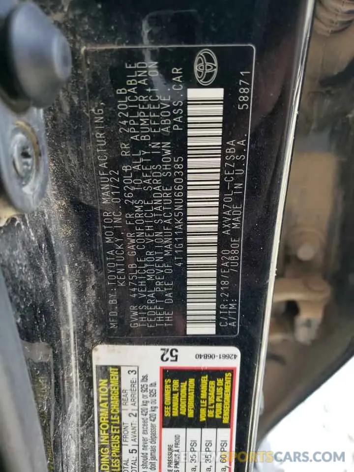 12 fotografías del automóvil dañado 4T1G11AK5NU660385 TOYOTA CAMRY 2022