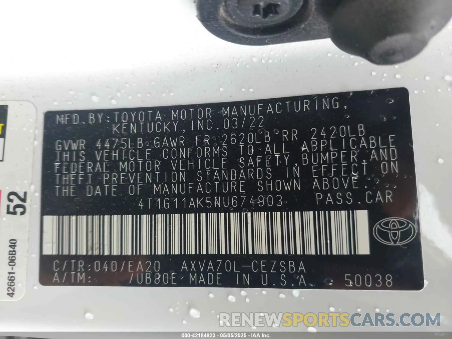 9 fotografías del automóvil dañado 4T1G11AK5NU674903 TOYOTA CAMRY 2022