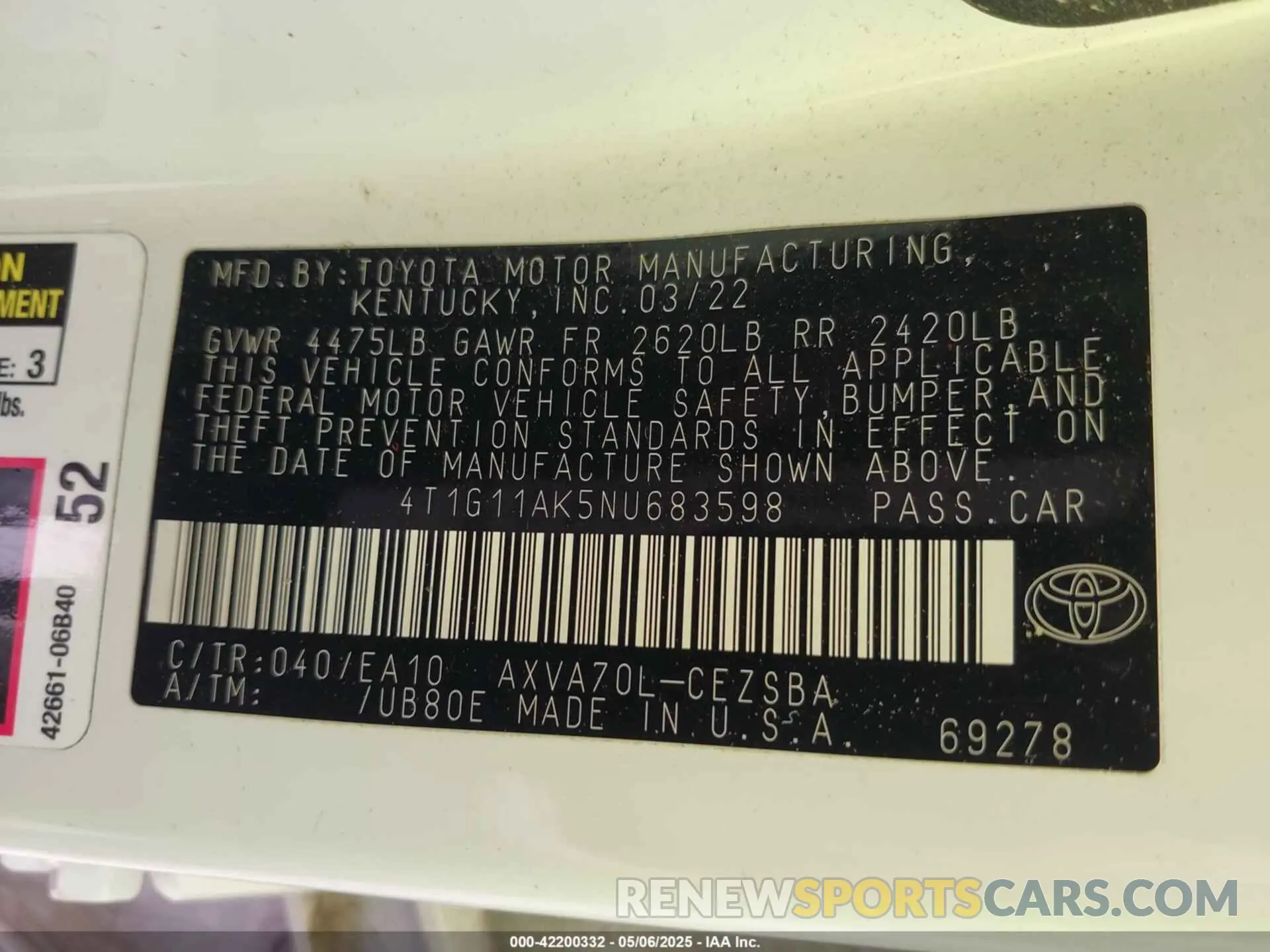 9 fotografías del automóvil dañado 4T1G11AK5NU683598 TOYOTA CAMRY 2022