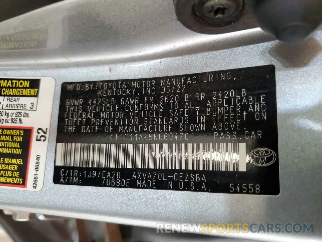 13 fotografías del automóvil dañado 4T1G11AK5NU694701 TOYOTA CAMRY 2022