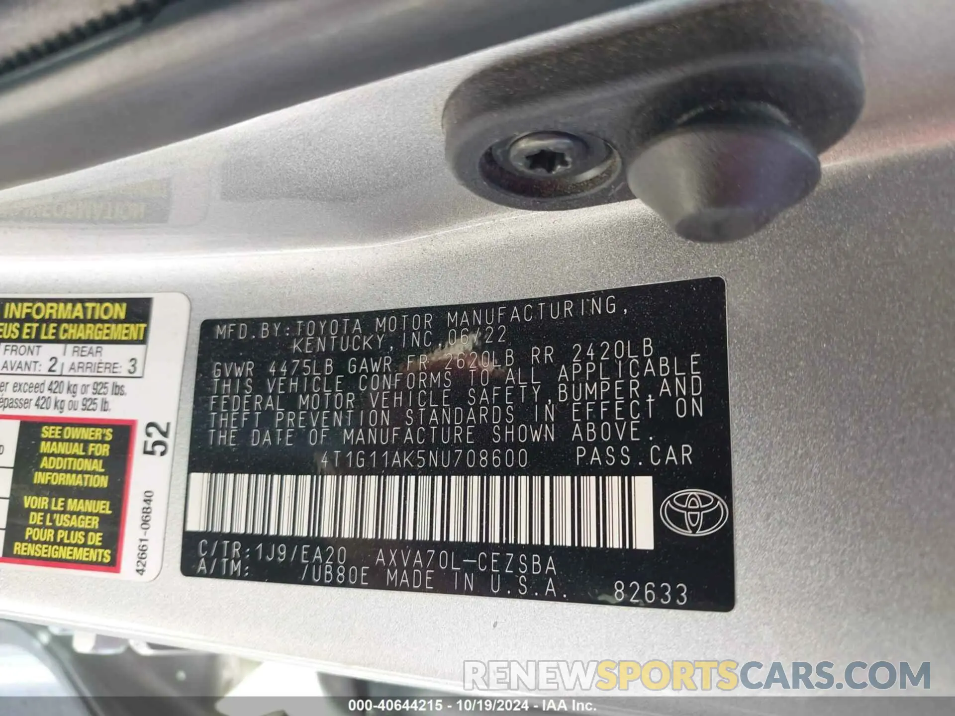 9 fotografías del automóvil dañado 4T1G11AK5NU708600 TOYOTA CAMRY 2022