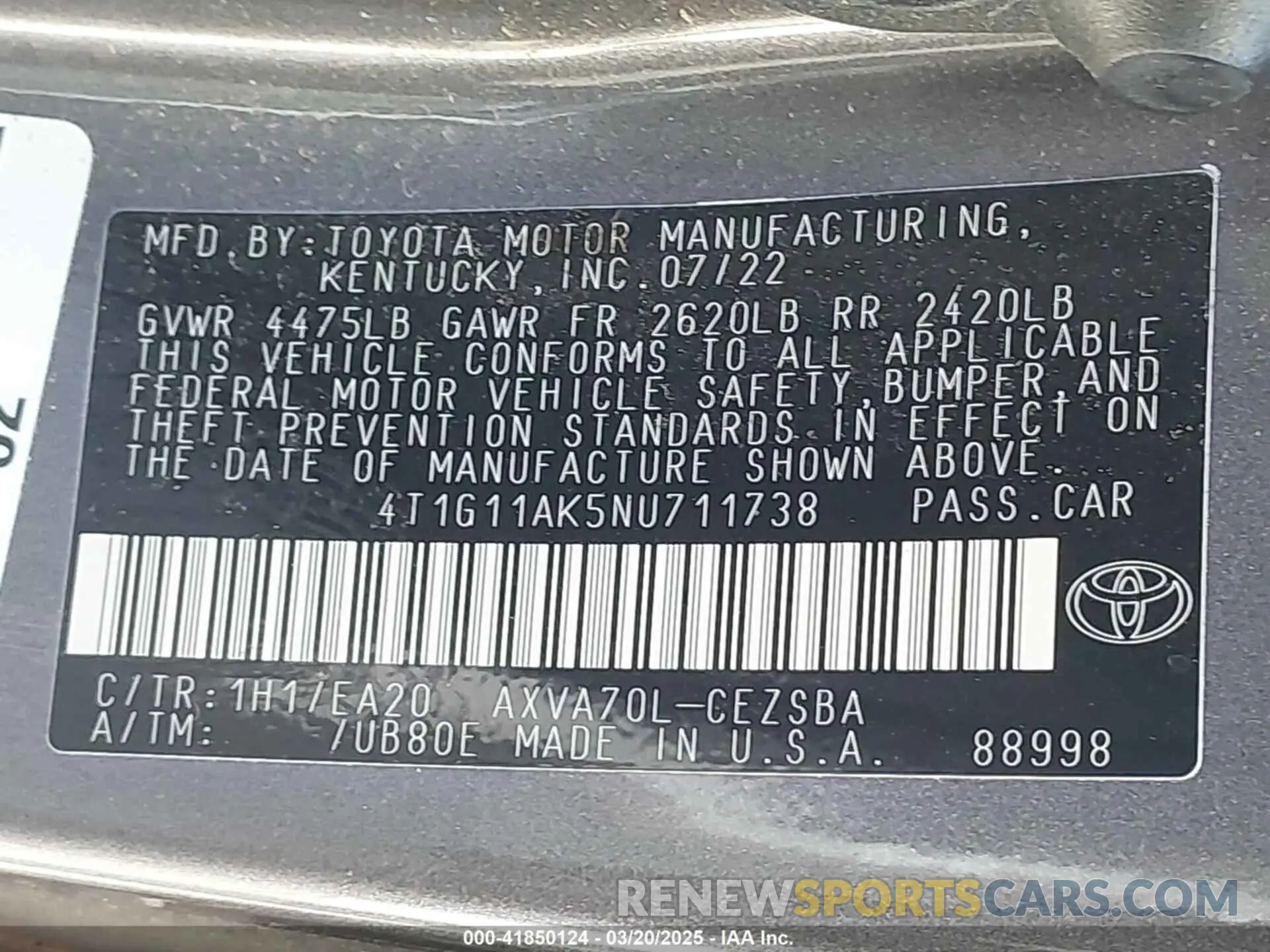 9 fotografías del automóvil dañado 4T1G11AK5NU711738 TOYOTA CAMRY 2022