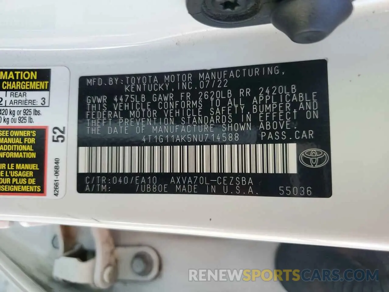 15 fotografías del automóvil dañado 4T1G11AK5NU714588 TOYOTA CAMRY 2022